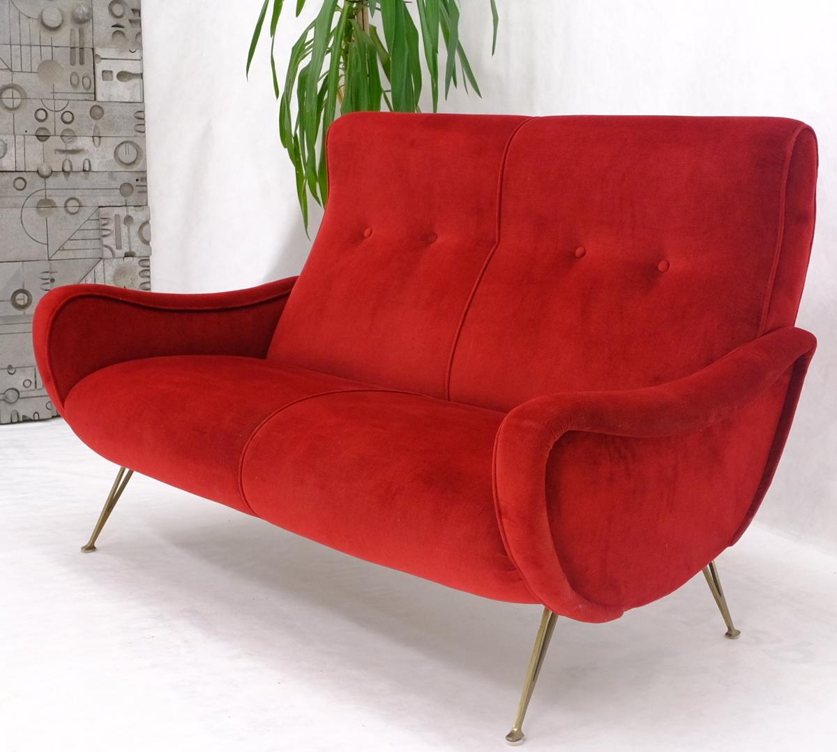 EstablishedLines Red Upholstery Brass Legs Mid century Italian Modern Sofa Loveseat