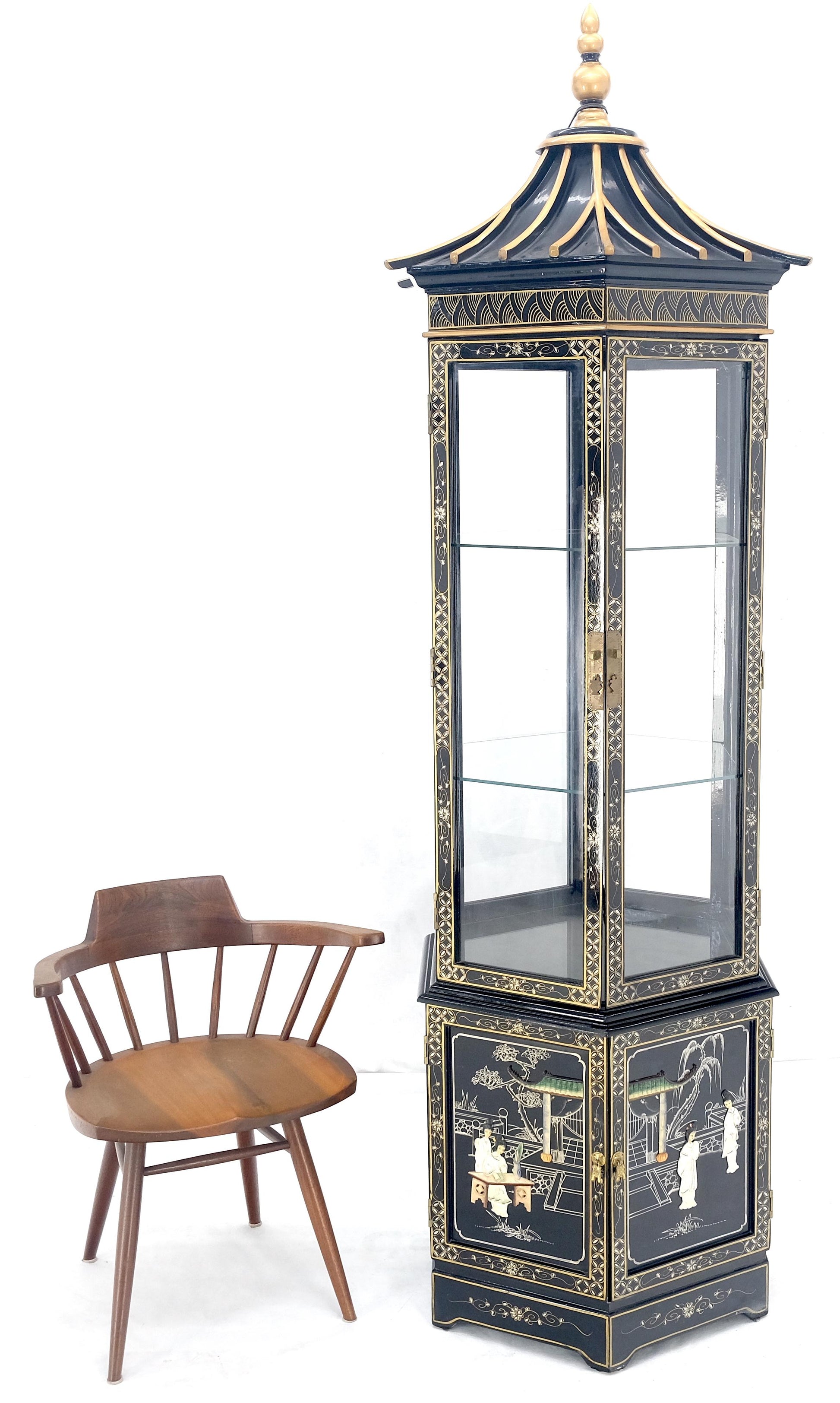 EstablishedLines Chinese Black Lacquer Round Hexagon Pagoda Top Mother of Pearl Showcase Display