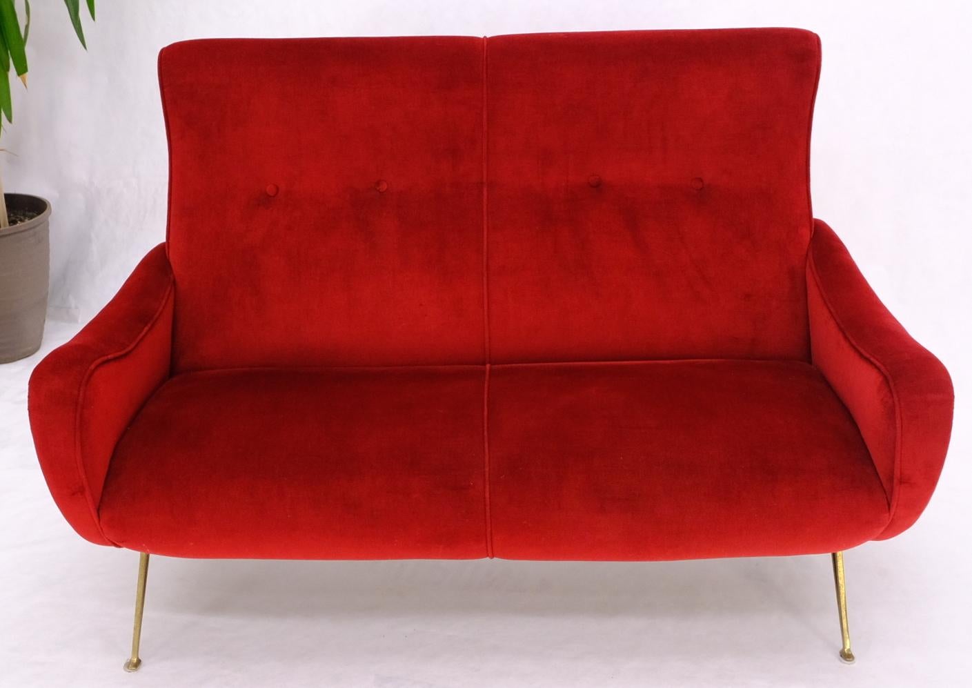EstablishedLines Red Upholstery Brass Legs Mid century Italian Modern Sofa Loveseat