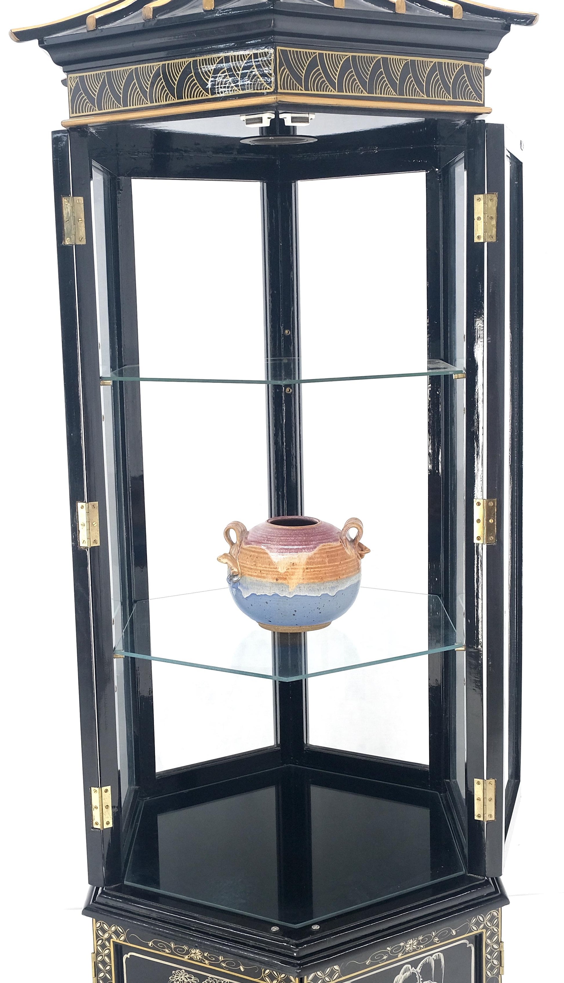 EstablishedLines Chinese Black Lacquer Round Hexagon Pagoda Top Mother of Pearl Showcase Display