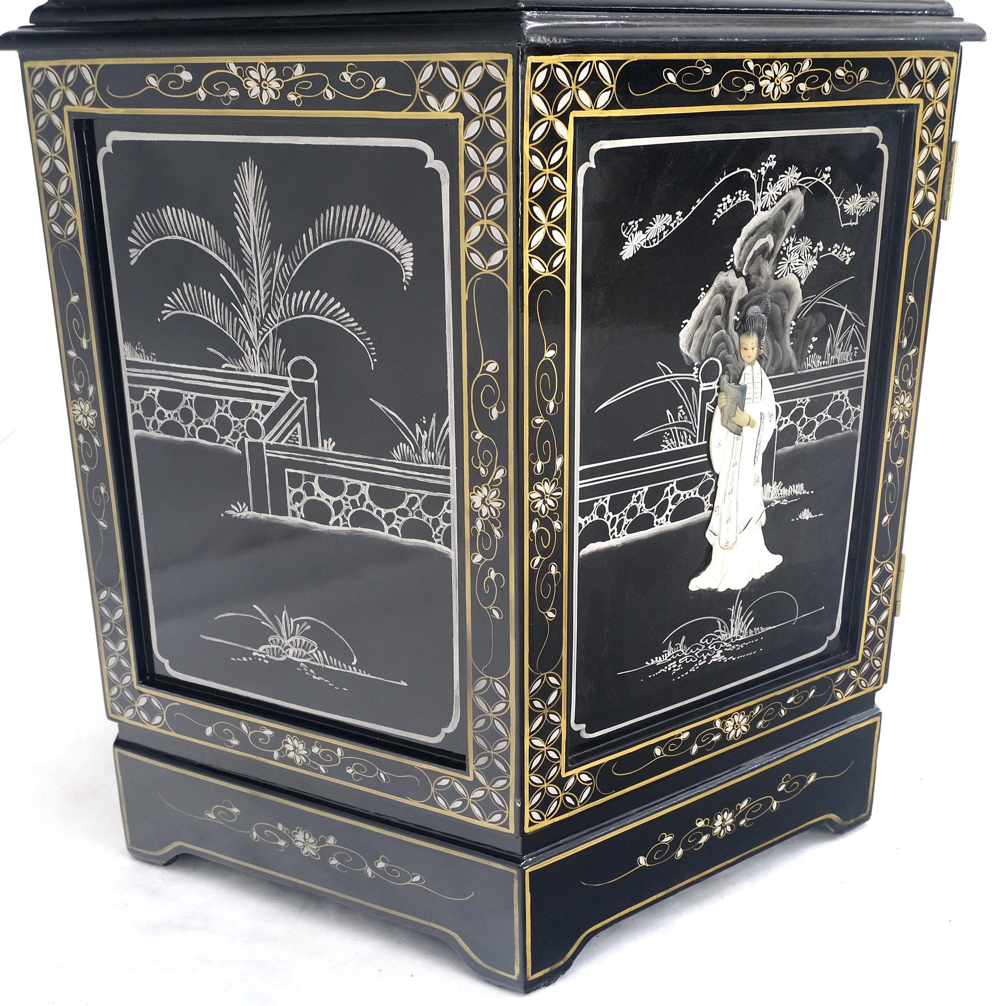 EstablishedLines Chinese Black Lacquer Round Hexagon Pagoda Top Mother of Pearl Showcase Display