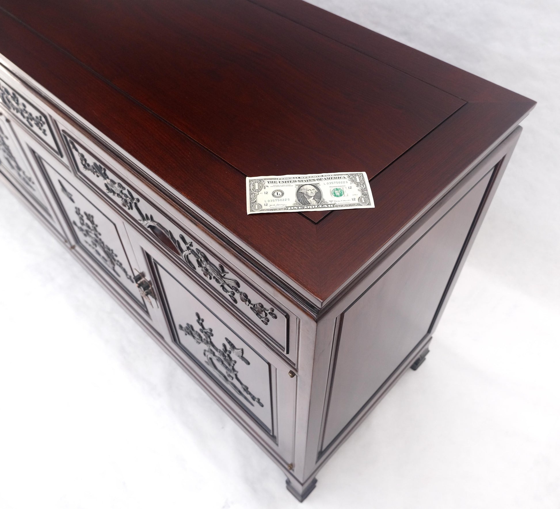 EstablishedLines Asian Mid Century Modern Carved 4 Doors 3 Drawers Credenza Dark Solid Teak MINT