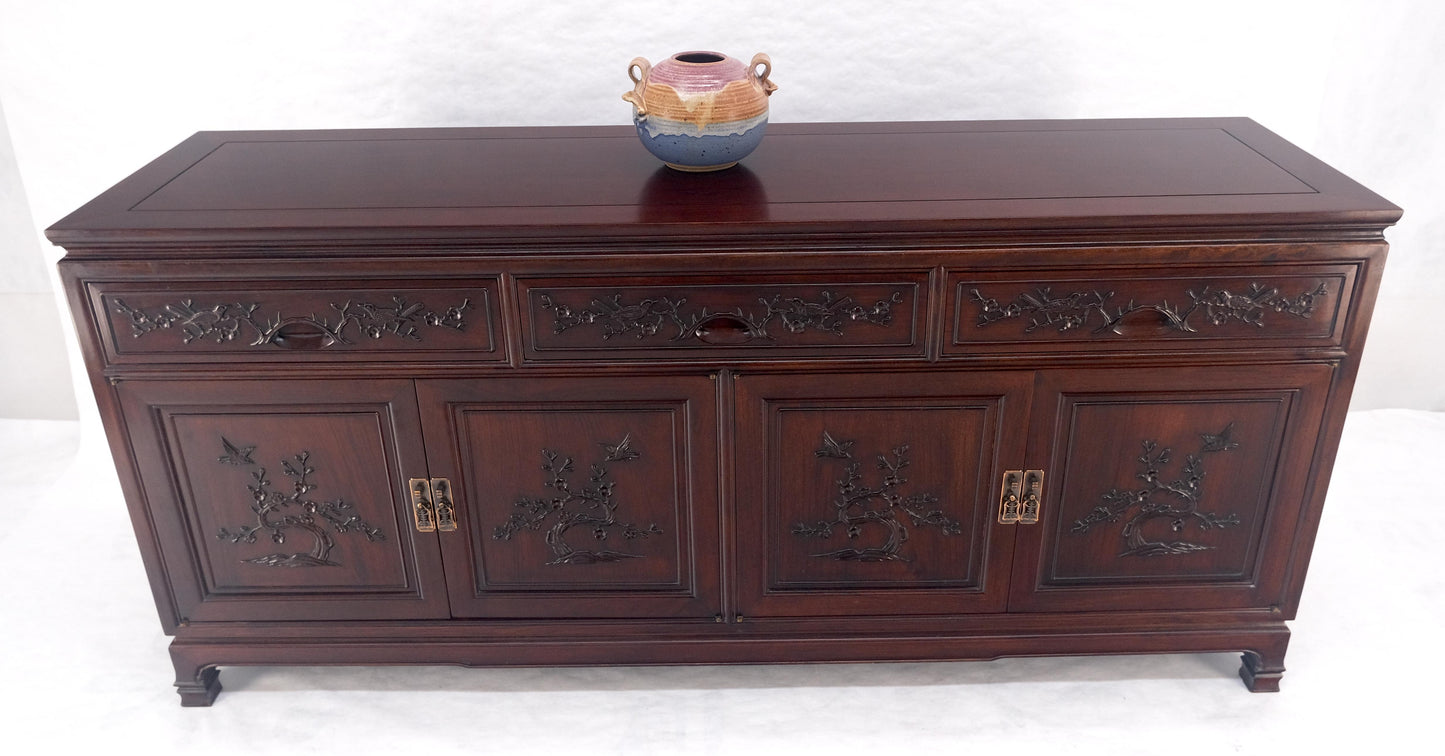 EstablishedLines Asian Mid Century Modern Carved 4 Doors 3 Drawers Credenza Dark Solid Teak MINT