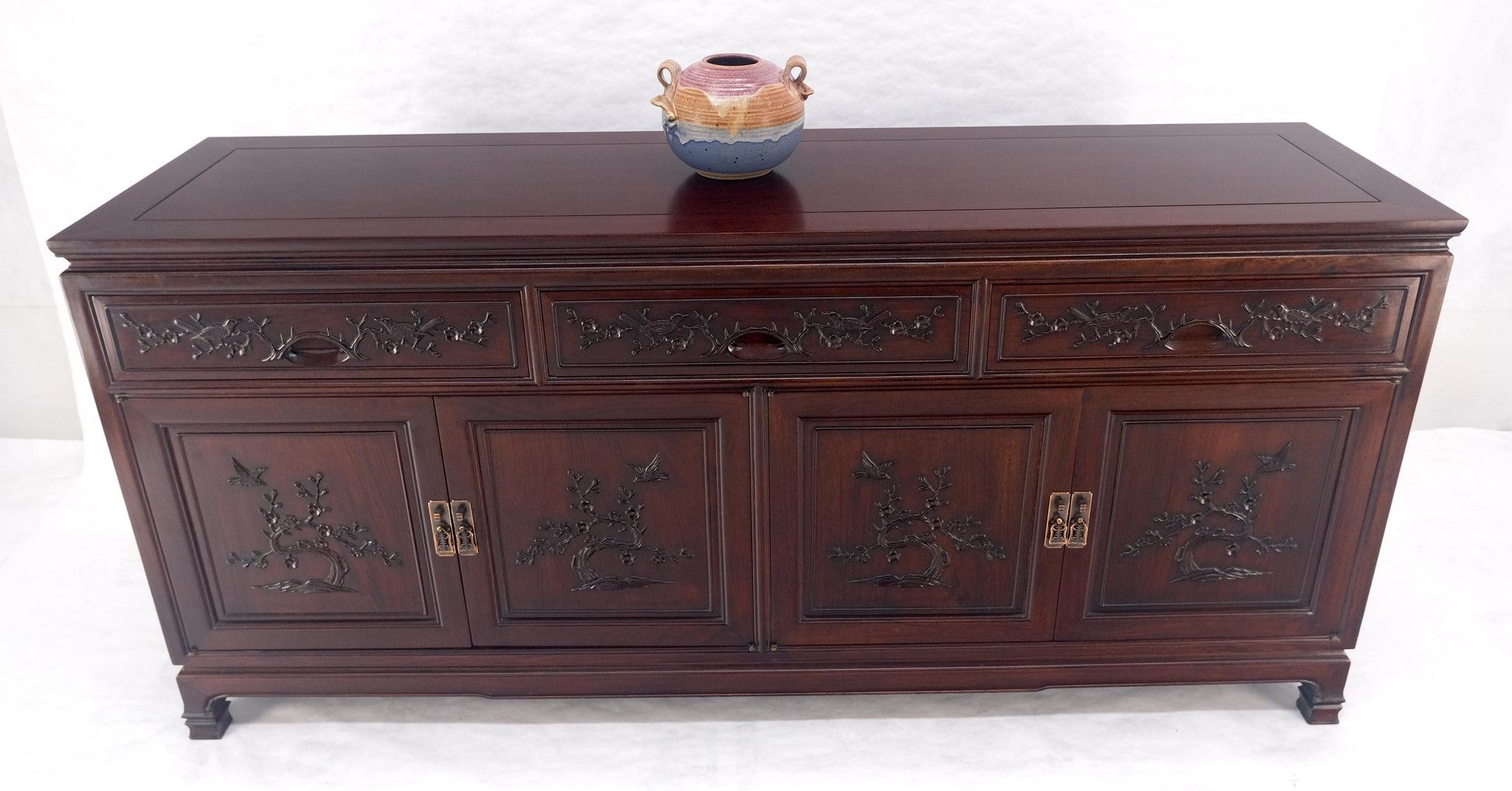 EstablishedLines Asian Mid Century Modern Carved 4 Doors 3 Drawers Credenza Dark Solid Teak MINT