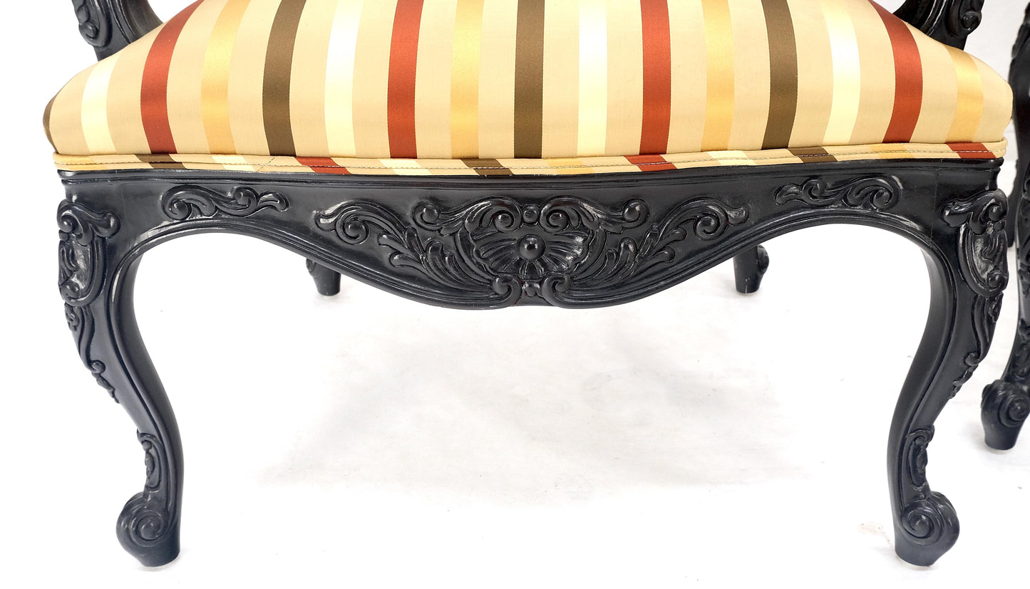 EstablishedLines Pair of Carved Mahogany Striped Silk Upholstery Fireside Arm Lounge Chairs MINT!