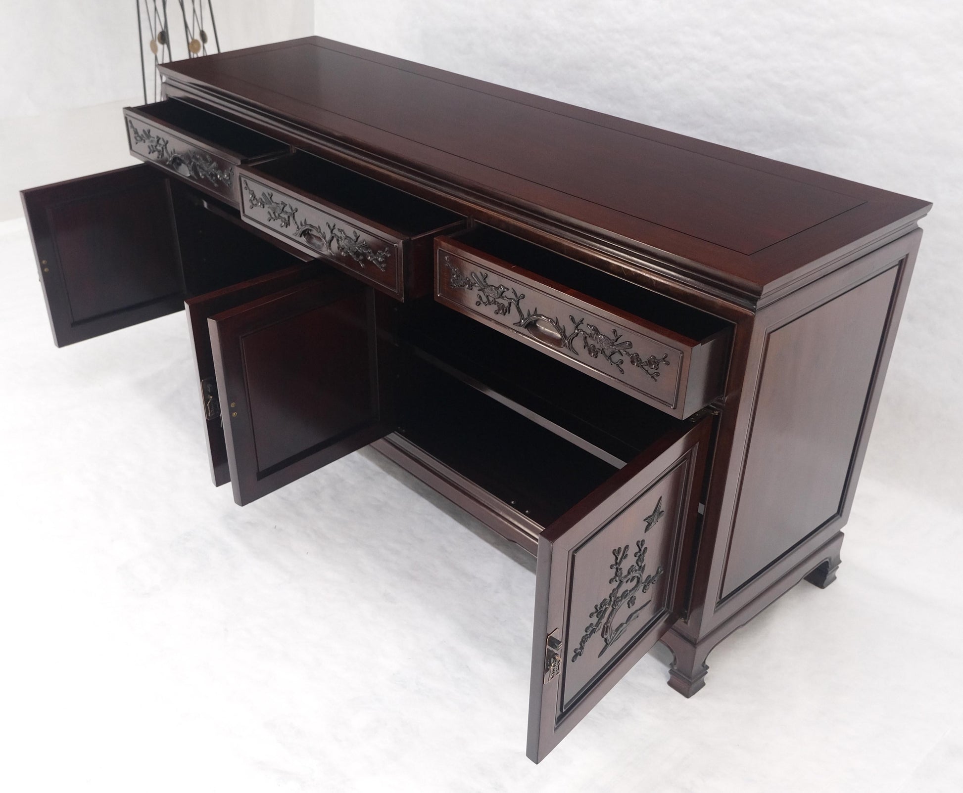 EstablishedLines Asian Mid Century Modern Carved 4 Doors 3 Drawers Credenza Dark Solid Teak MINT