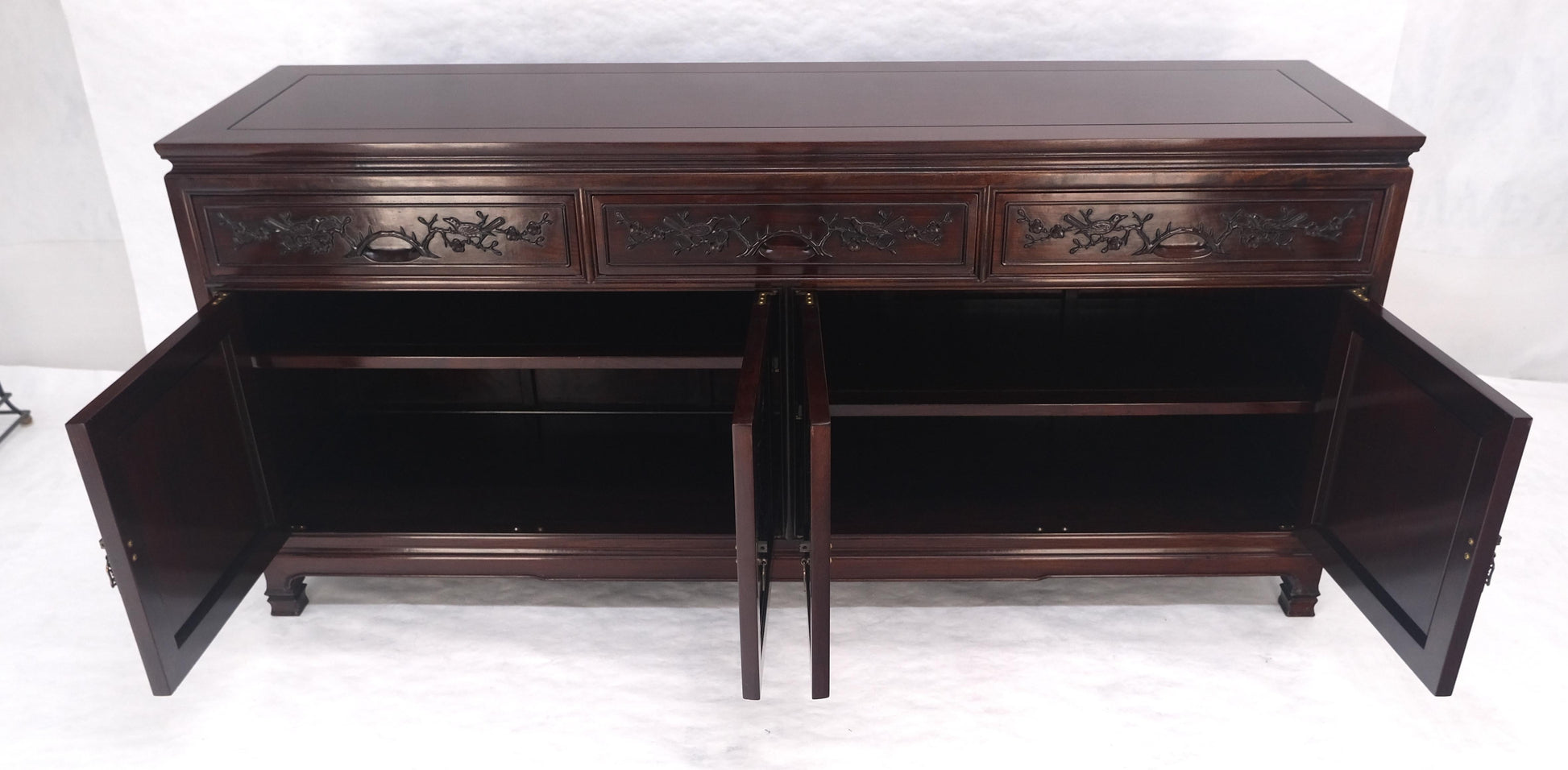 EstablishedLines Asian Mid Century Modern Carved 4 Doors 3 Drawers Credenza Dark Solid Teak MINT