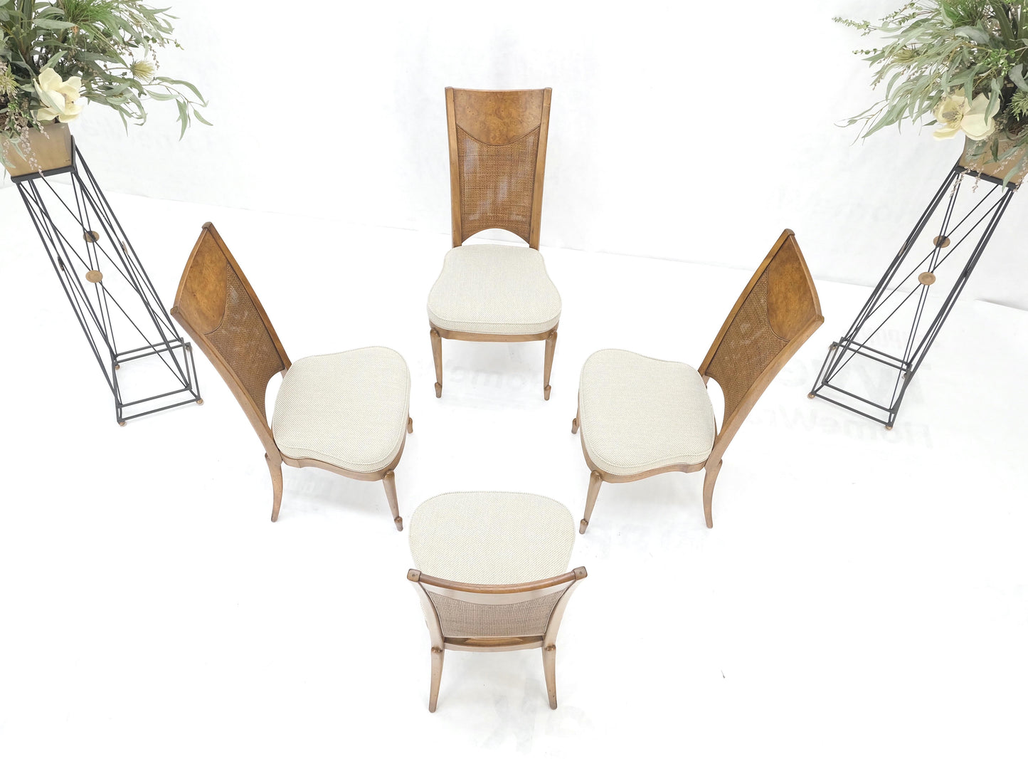 EstablishedLines Set 4 Burl Wood Cane Back NEW Upholstery Dining Chairs Mid Century Modern MINT!