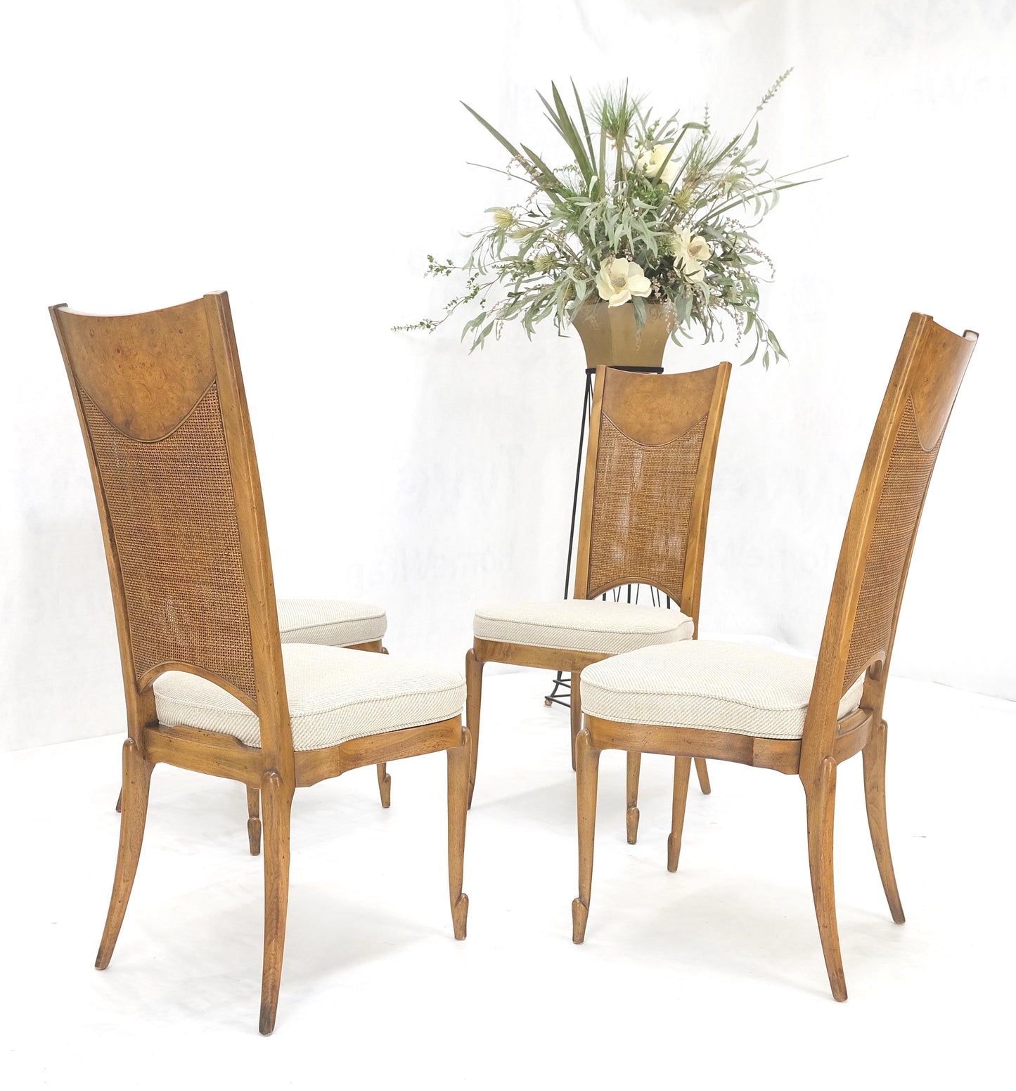 EstablishedLines Set 4 Burl Wood Cane Back NEW Upholstery Dining Chairs Mid Century Modern MINT!