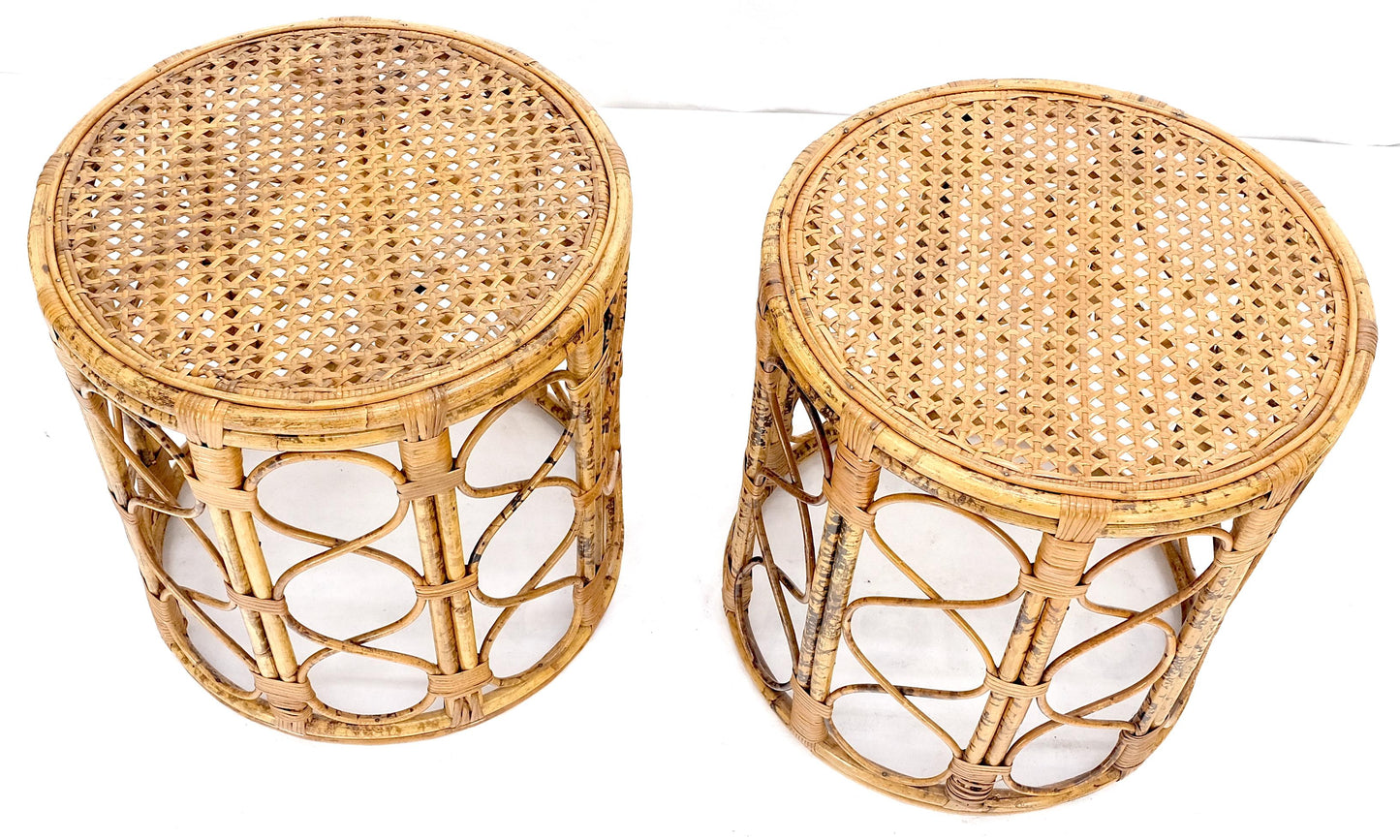 EstablishedLines Pair of 1970s Burnt Bamboo Round Cane Tops Side End Tables Stands MINT!