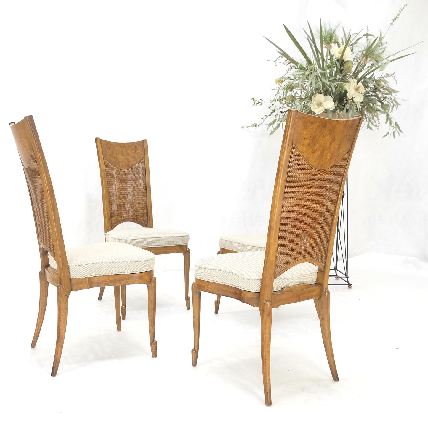 EstablishedLines Set 4 Burl Wood Cane Back NEW Upholstery Dining Chairs Mid Century Modern MINT!