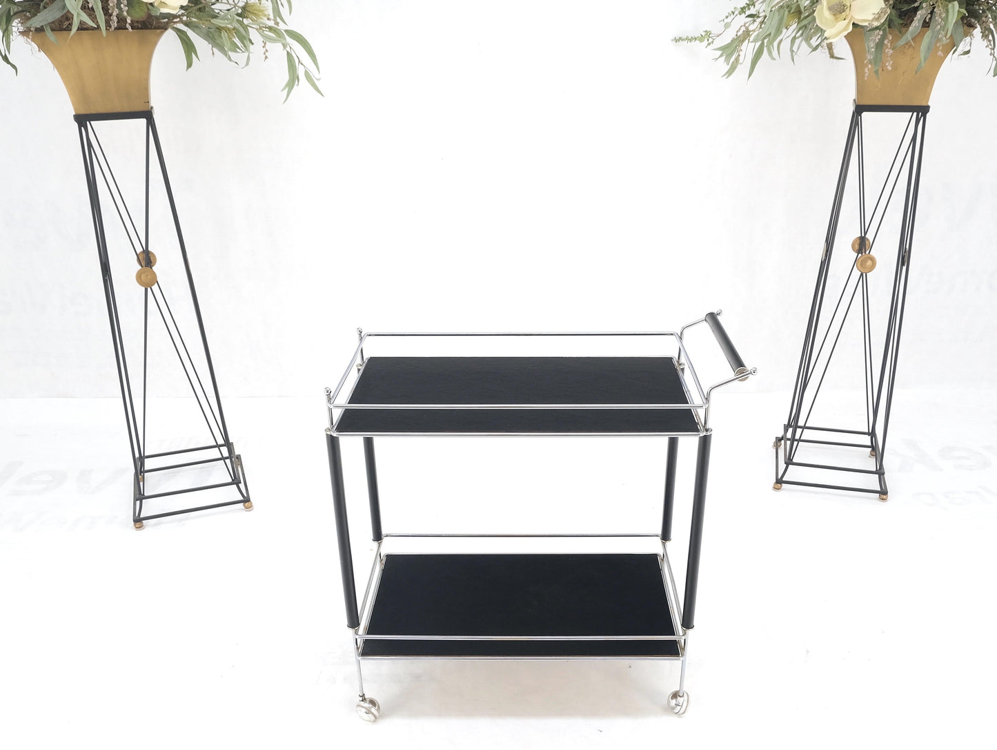 EstablishedLines Black Lacquer & Chrome Bauhaus Two Tier Serving Cart on Wheels c.1940s MINT