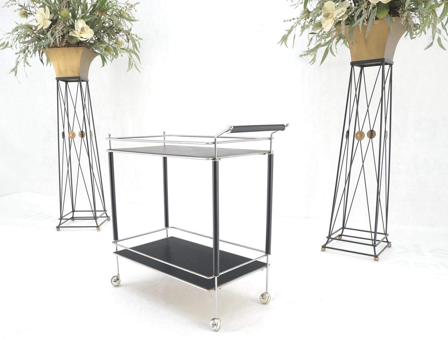 EstablishedLines Black Lacquer & Chrome Bauhaus Two Tier Serving Cart on Wheels c.1940s MINT