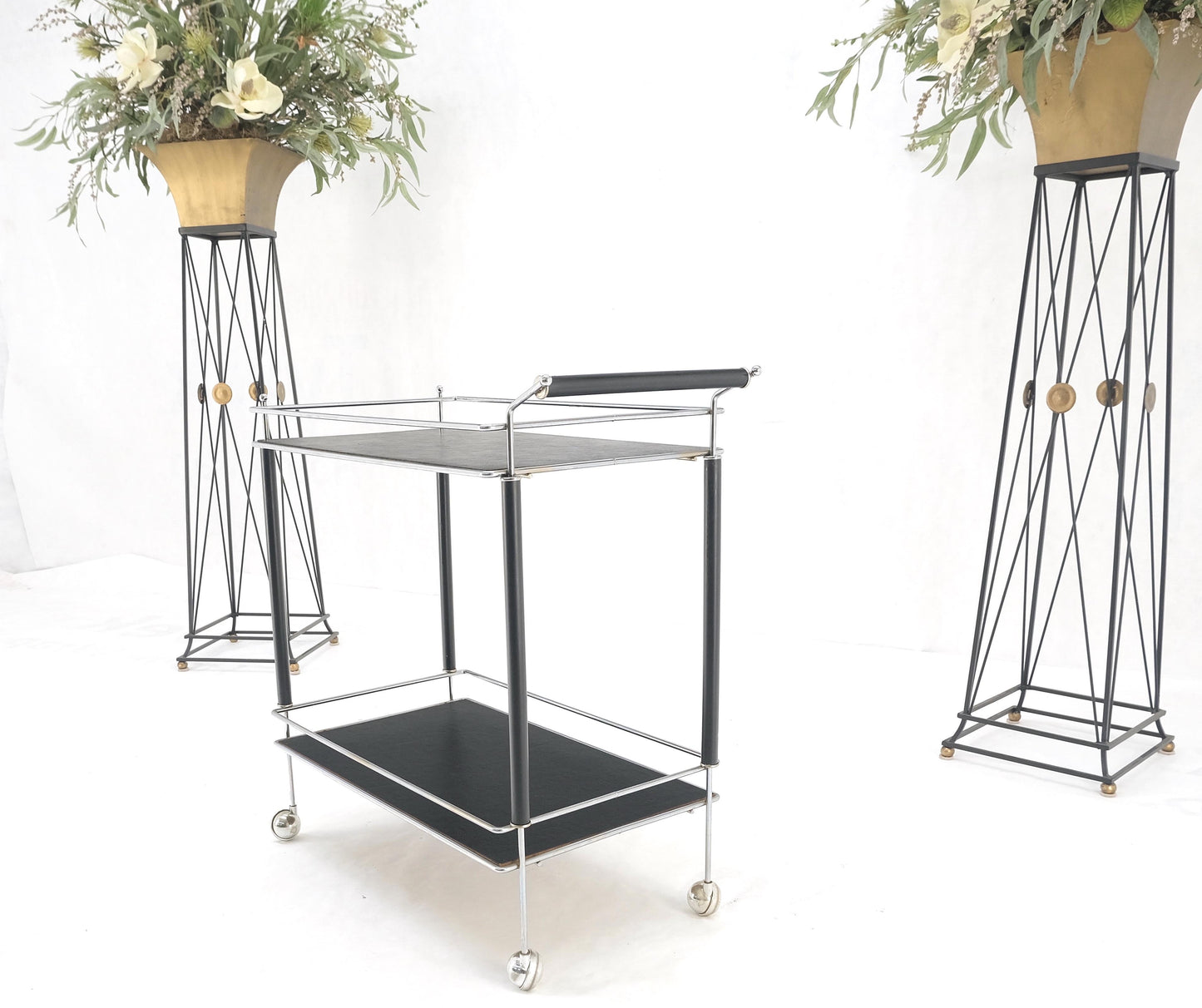 EstablishedLines Black Lacquer & Chrome Bauhaus Two Tier Serving Cart on Wheels c.1940s MINT