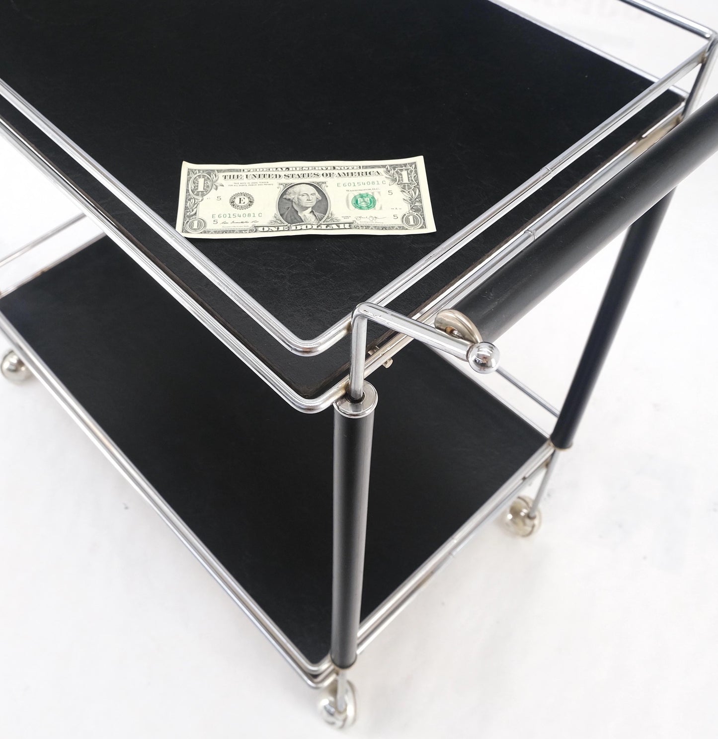 EstablishedLines Black Lacquer & Chrome Bauhaus Two Tier Serving Cart on Wheels c.1940s MINT