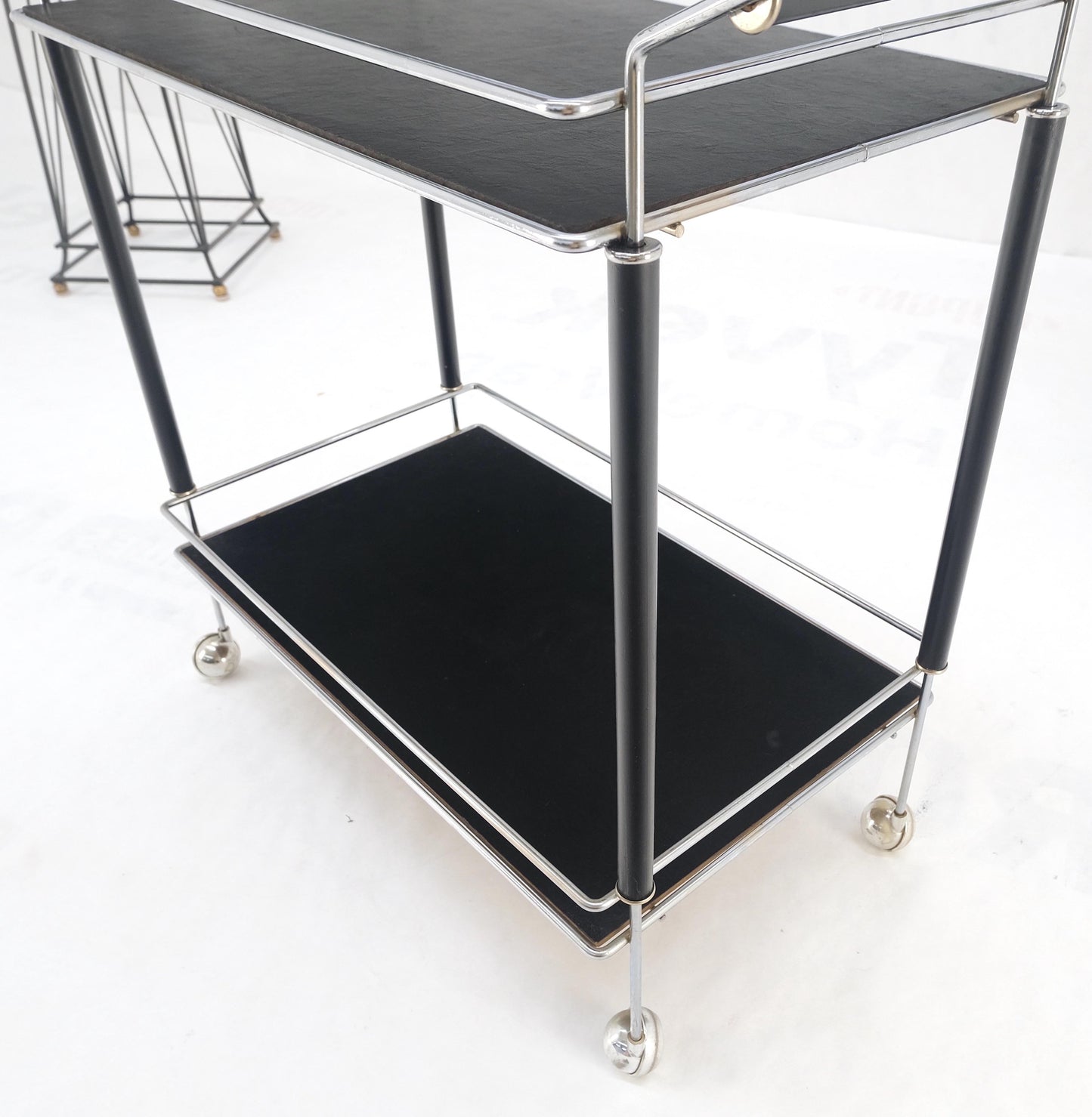 EstablishedLines Black Lacquer & Chrome Bauhaus Two Tier Serving Cart on Wheels c.1940s MINT