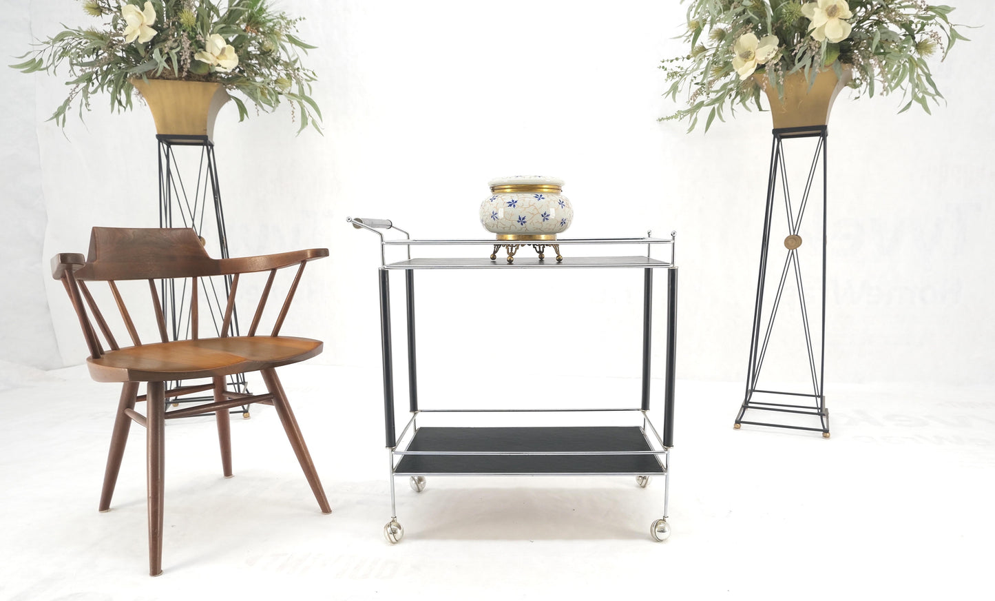 EstablishedLines Black Lacquer & Chrome Bauhaus Two Tier Serving Cart on Wheels c.1940s MINT