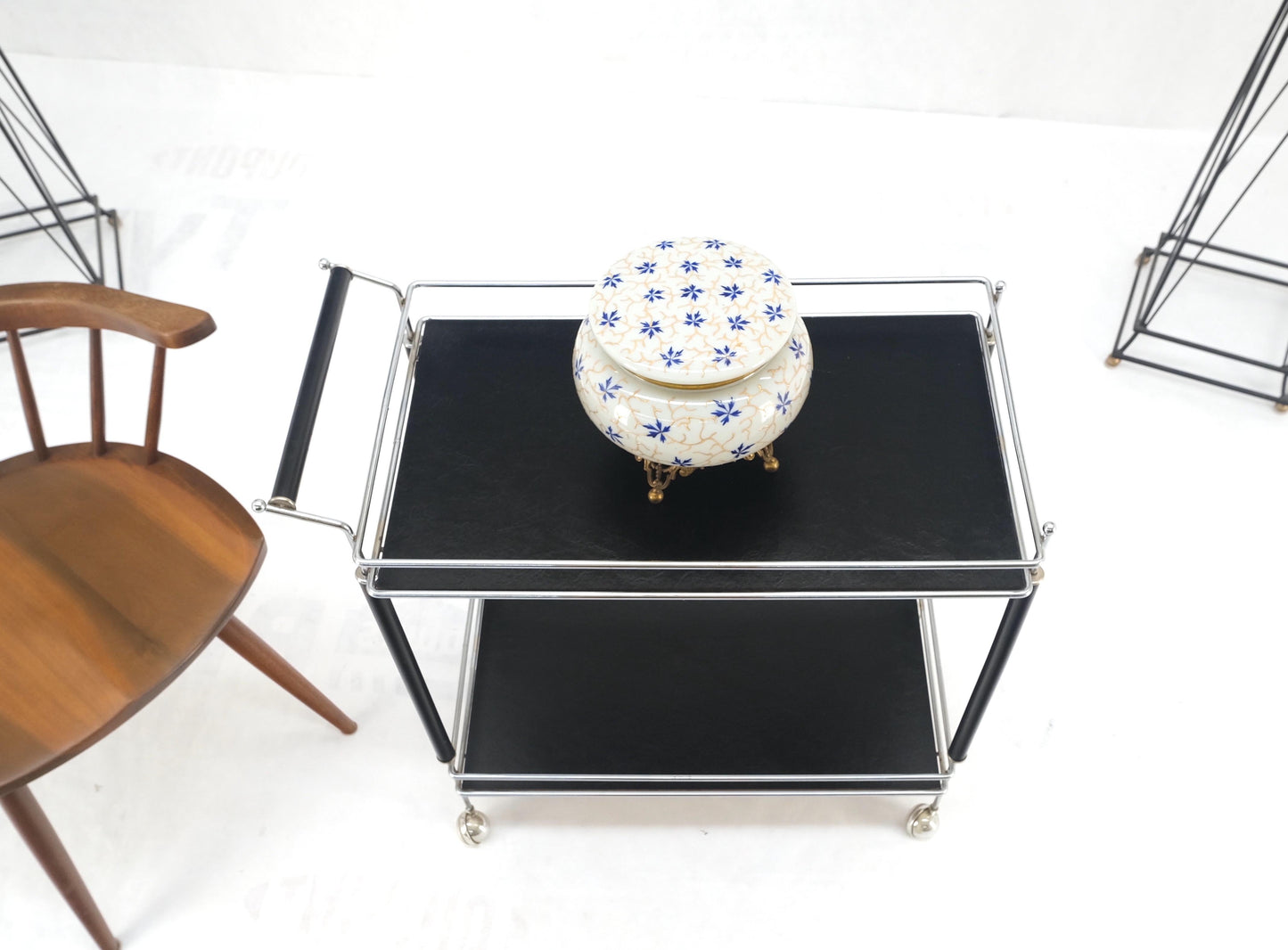 EstablishedLines Black Lacquer & Chrome Bauhaus Two Tier Serving Cart on Wheels c.1940s MINT