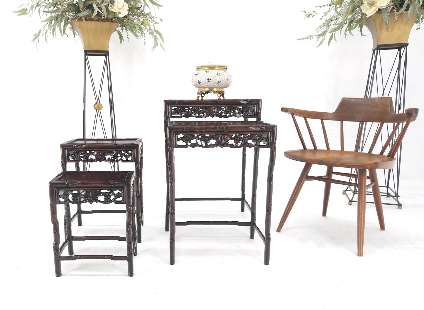 EstablishedLines Set of 4 Nesting Stacking Carved Rosewood End Side Occasional Tables Set Mint!