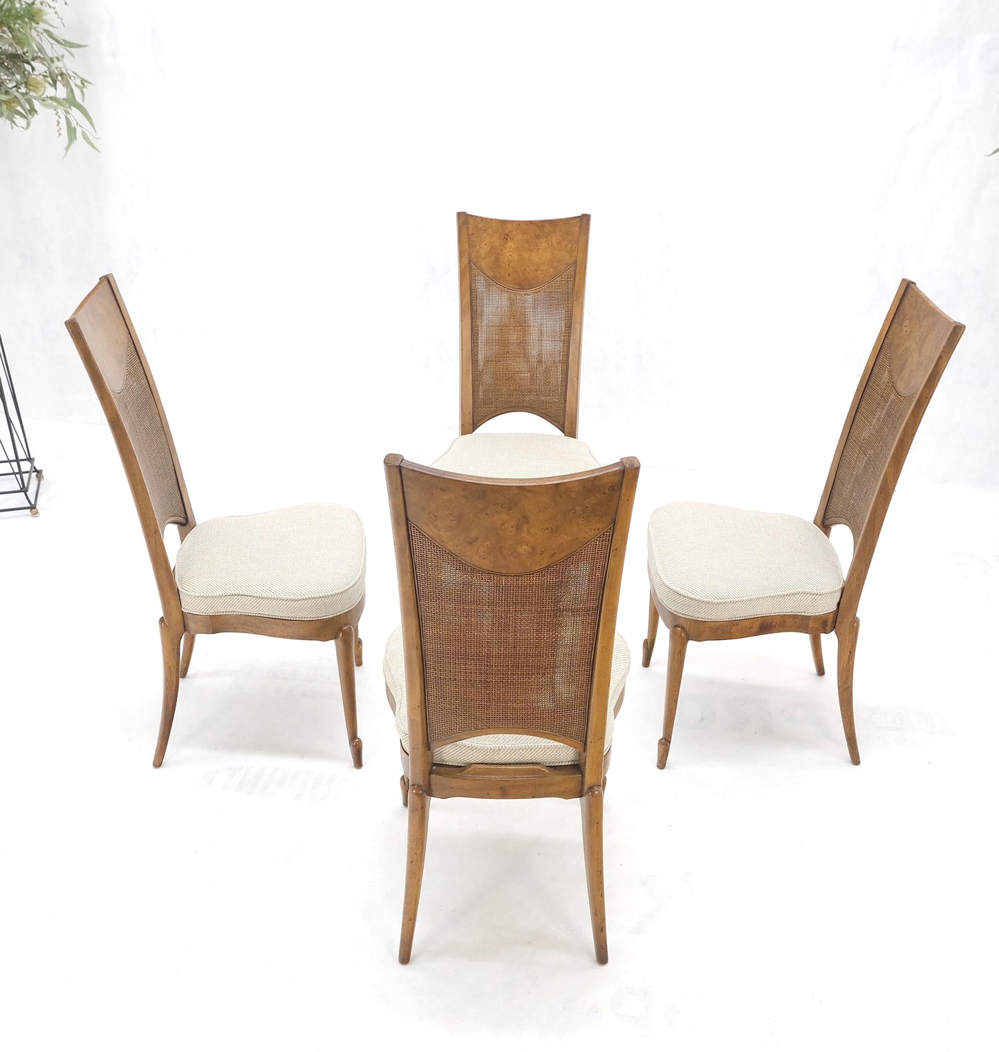 EstablishedLines Set 4 Burl Wood Cane Back NEW Upholstery Dining Chairs Mid Century Modern MINT!