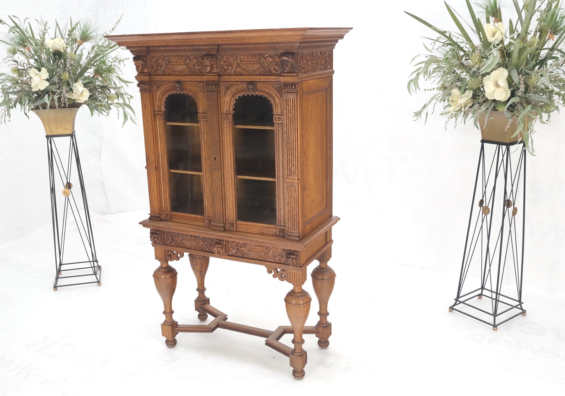 EstablishedLines Heavily Carved Oak Faces Urns Motive Two Door China Cabinet c1880s MINT!