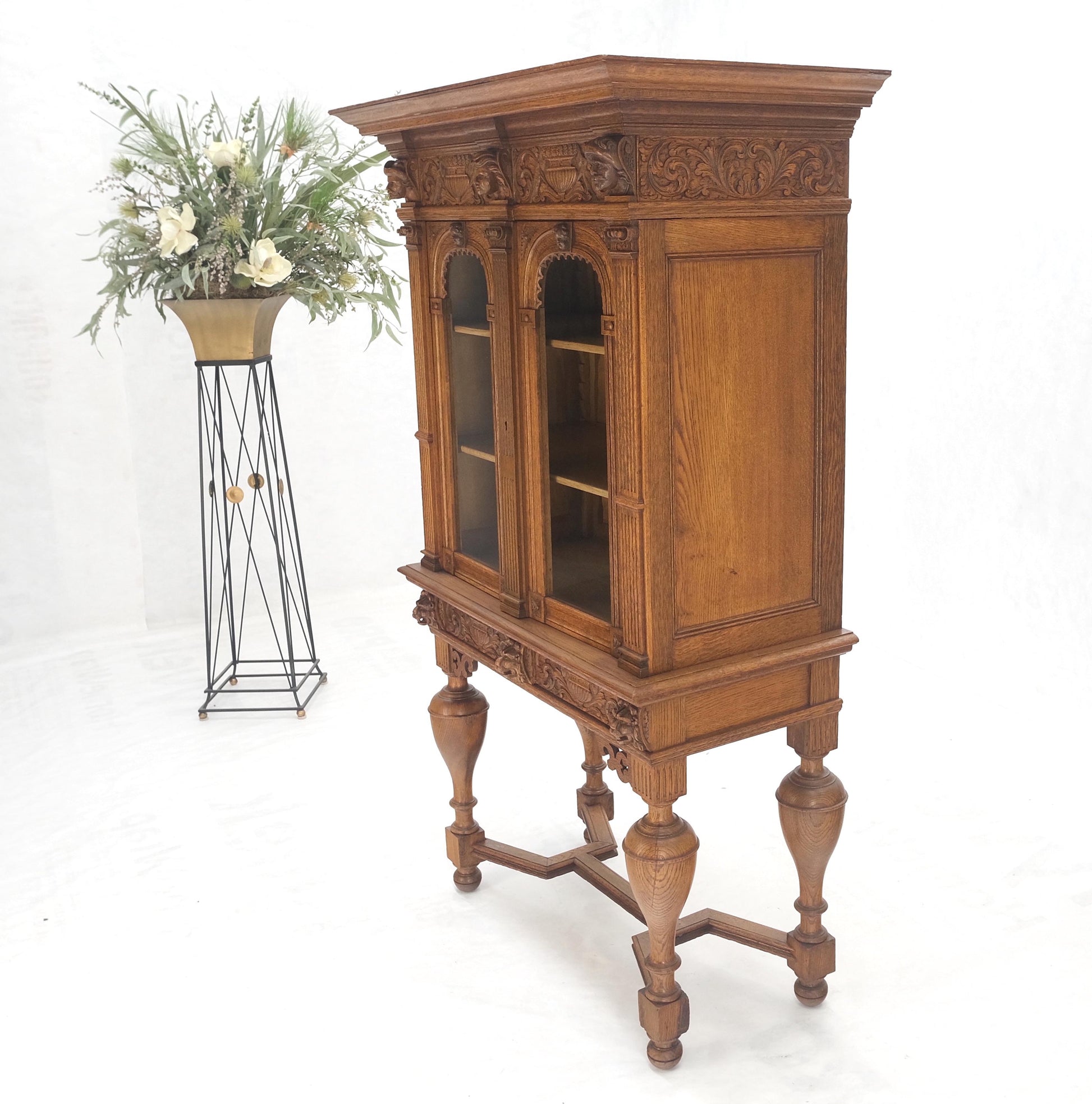 EstablishedLines Heavily Carved Oak Faces Urns Motive Two Door China Cabinet c1880s MINT!