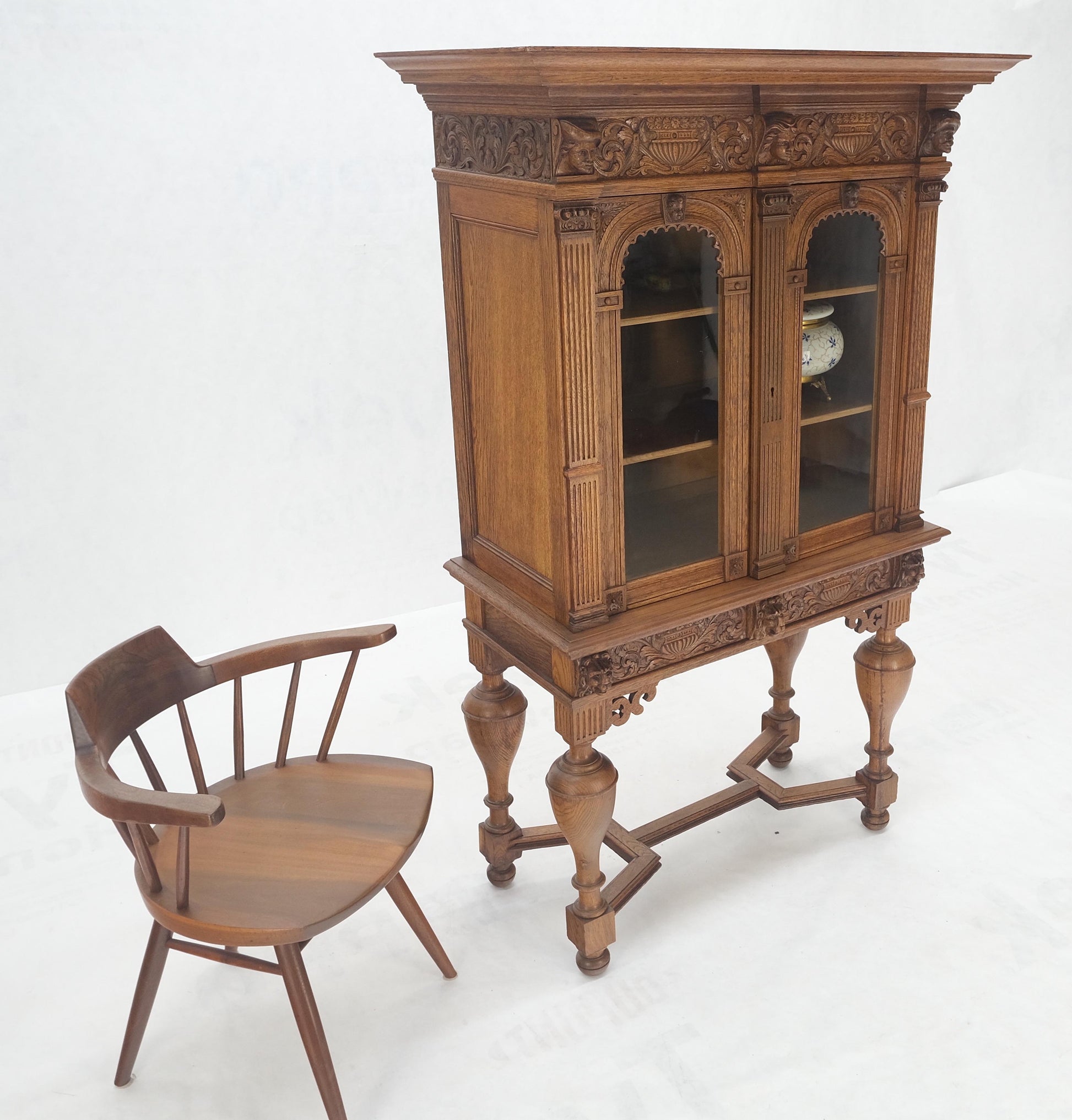 EstablishedLines Heavily Carved Oak Faces Urns Motive Two Door China Cabinet c1880s MINT!