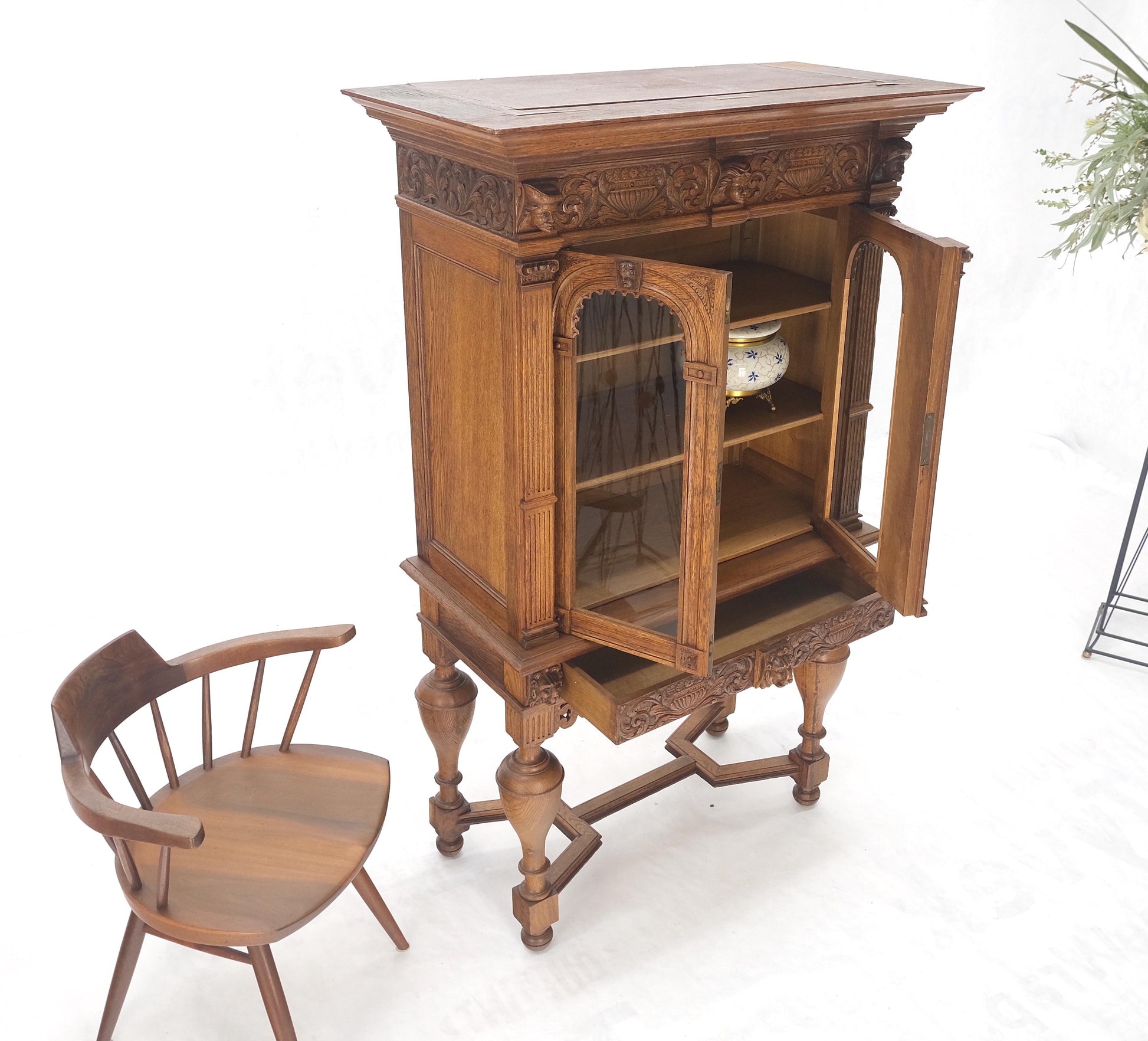 EstablishedLines Heavily Carved Oak Faces Urns Motive Two Door China Cabinet c1880s MINT!