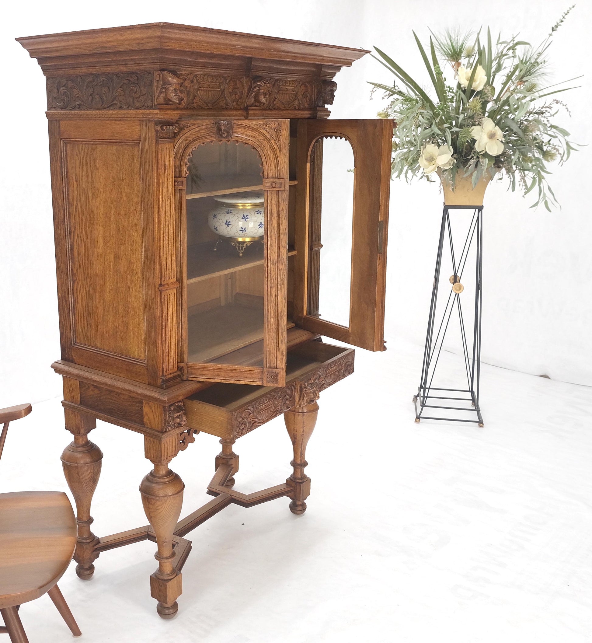 EstablishedLines Heavily Carved Oak Faces Urns Motive Two Door China Cabinet c1880s MINT!