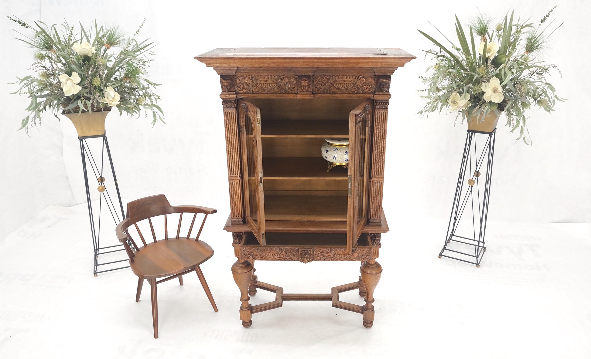 EstablishedLines Heavily Carved Oak Faces Urns Motive Two Door China Cabinet c1880s MINT!