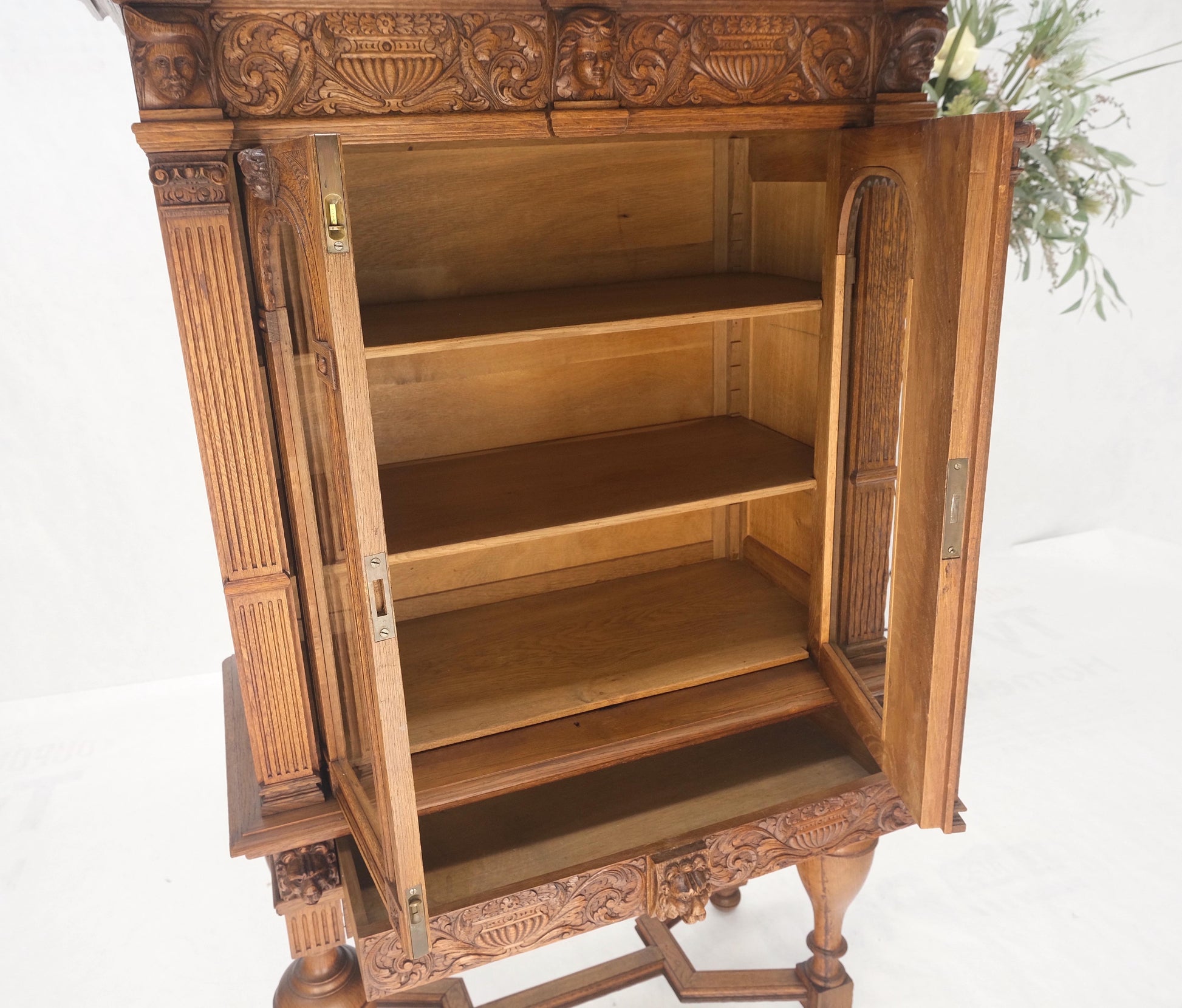 EstablishedLines Heavily Carved Oak Faces Urns Motive Two Door China Cabinet c1880s MINT!