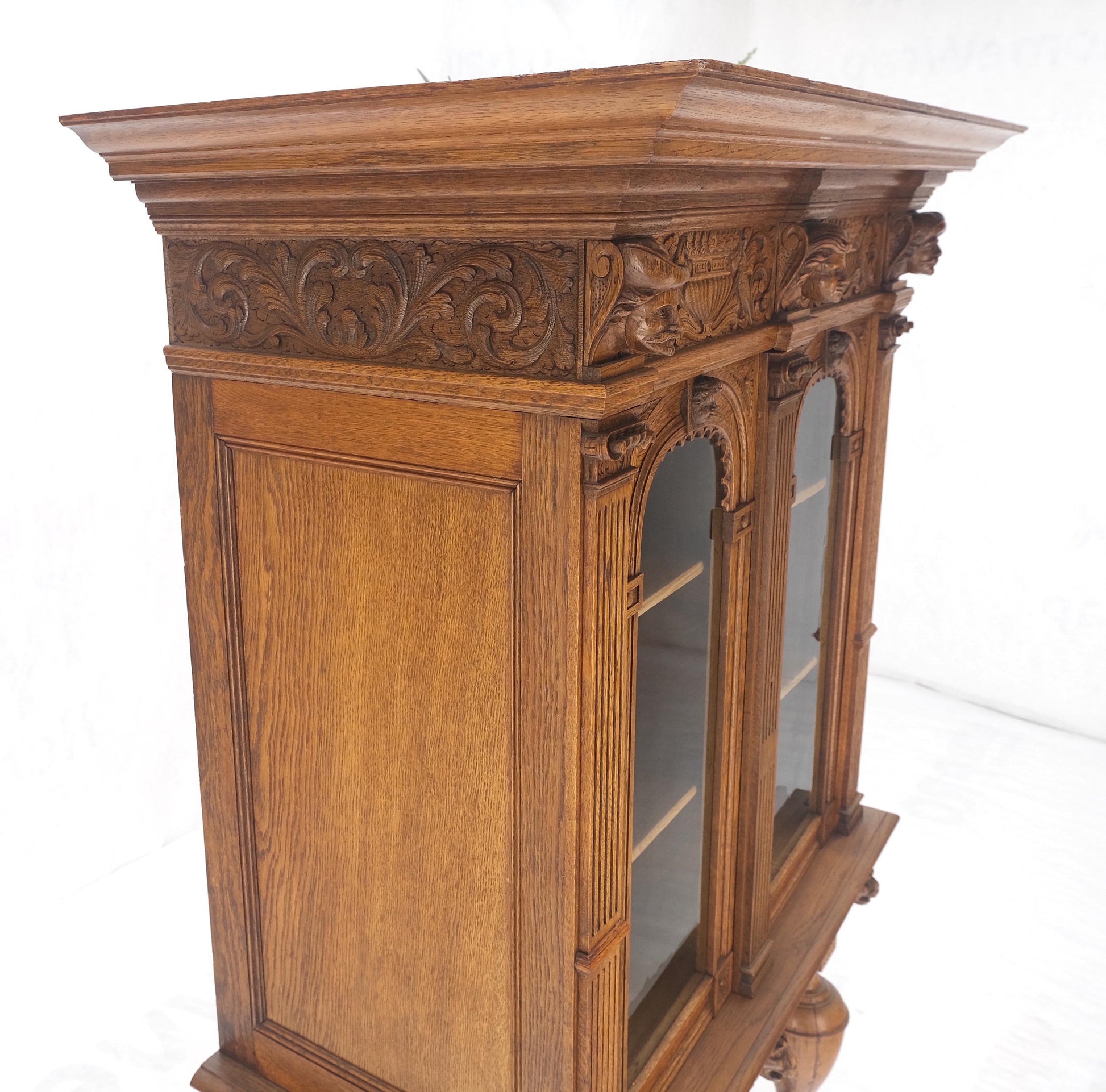EstablishedLines Heavily Carved Oak Faces Urns Motive Two Door China Cabinet c1880s MINT!