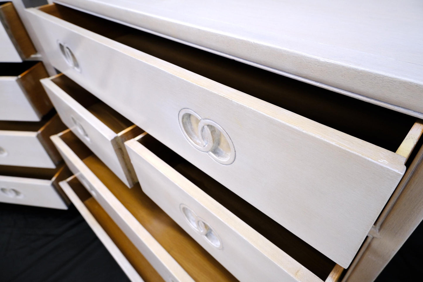 EstablishedLines Pair of Bleached 5 Drawers Bachelor Chests by Baker