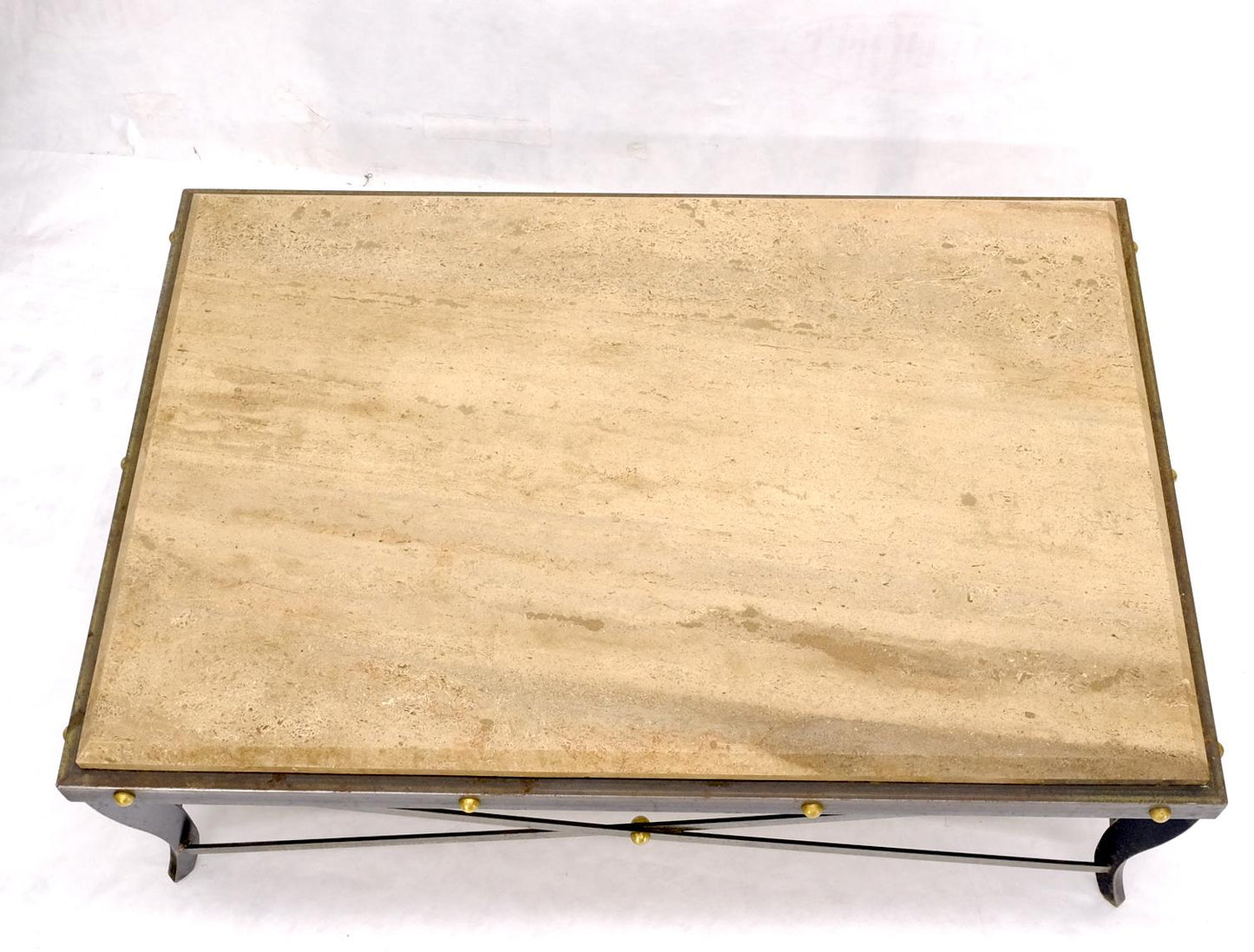 EstablishedLines Steel Metal Forged X Base Travertine Top Rectangle Coffee Table w/ Brass Studs