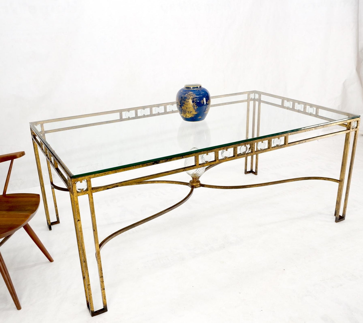 EstablishedLines Large Gold Gilt Iron Base Glass Top Cut Glass Inserts Finial Dining Table