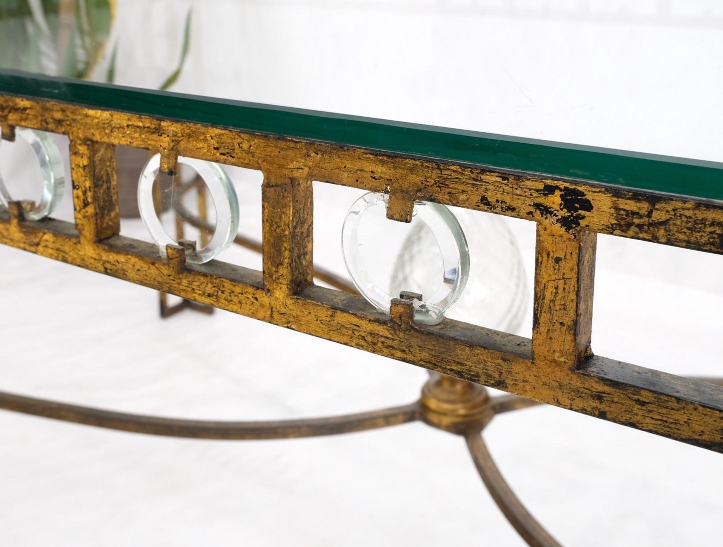 EstablishedLines Large Gold Gilt Iron Base Glass Top Cut Glass Inserts Finial Dining Table