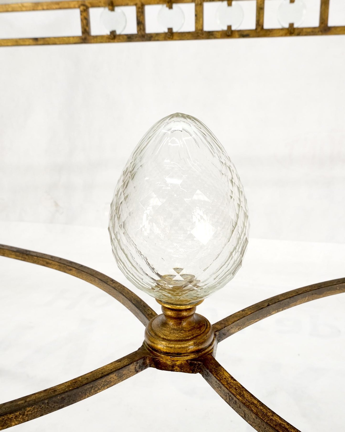 EstablishedLines Large Gold Gilt Iron Base Glass Top Cut Glass Inserts Finial Dining Table