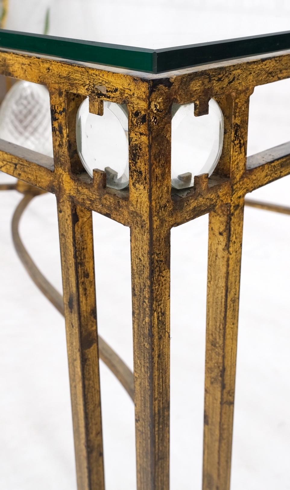 EstablishedLines Large Gold Gilt Iron Base Glass Top Cut Glass Inserts Finial Dining Table