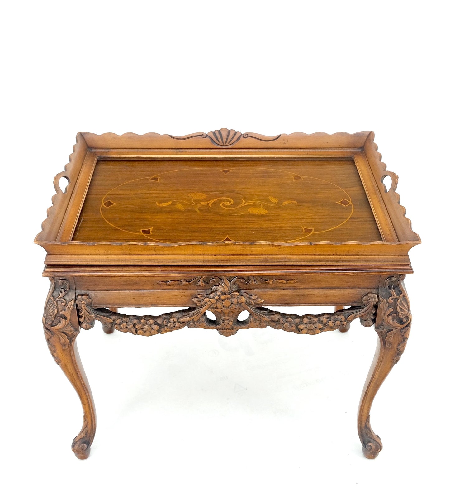 EstablishedLines Removable Tray Top Pierce Carved Inlayed Walnut Side End Table Stand Mint!
