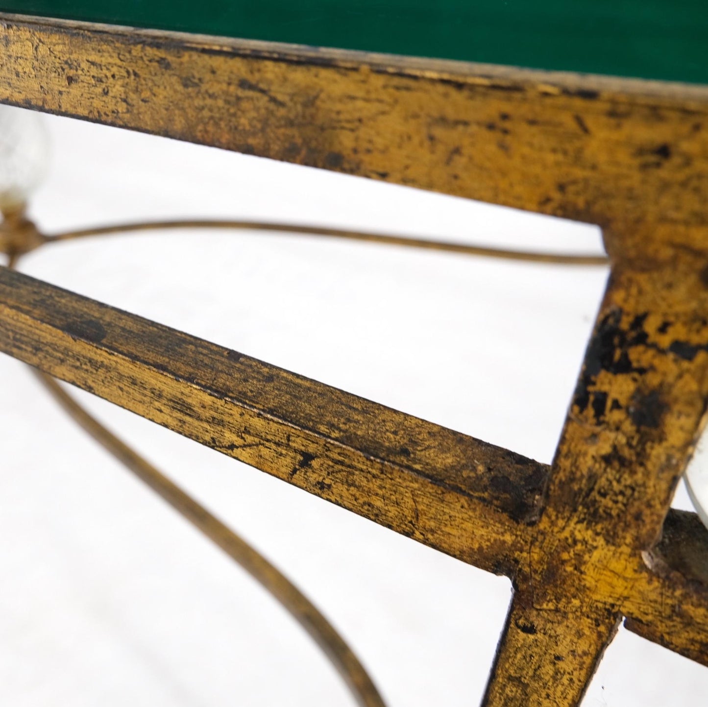 EstablishedLines Large Gold Gilt Iron Base Glass Top Cut Glass Inserts Finial Dining Table