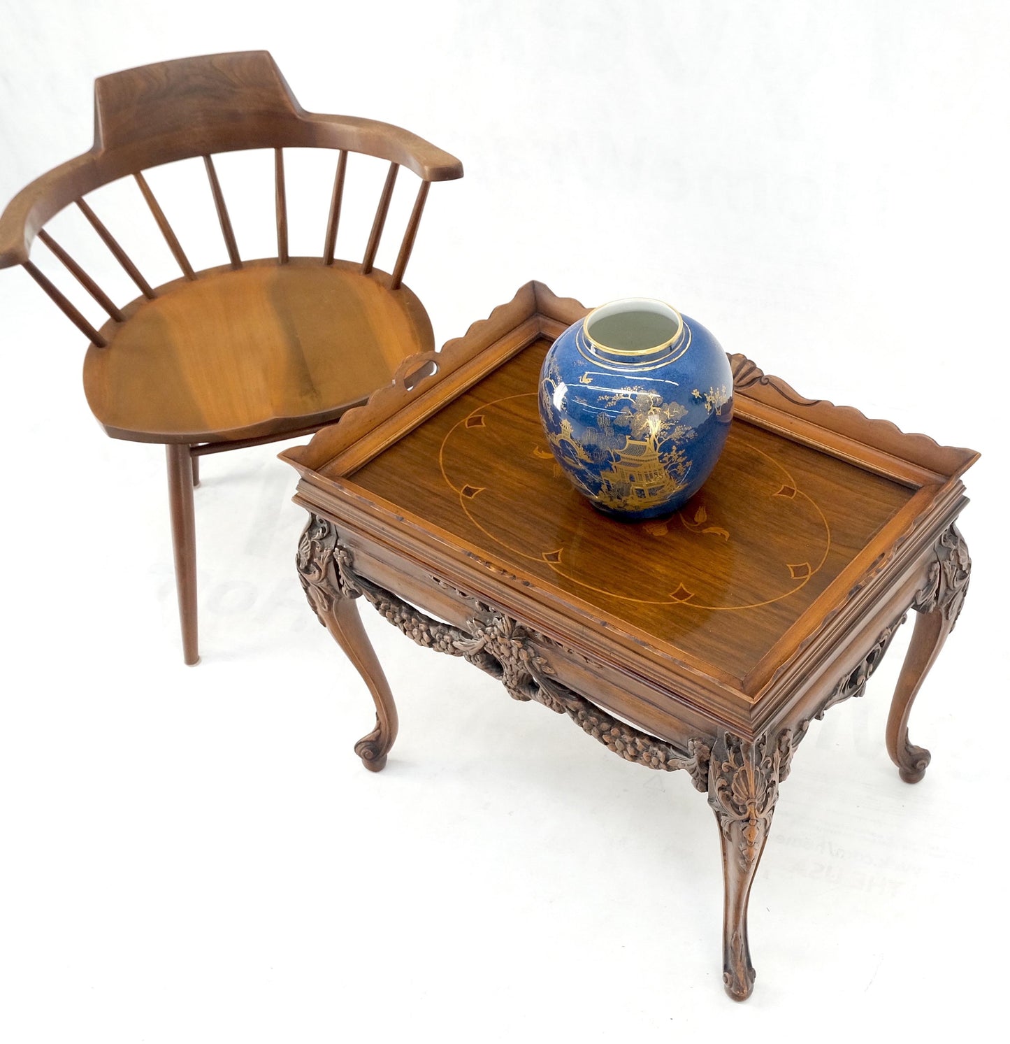 EstablishedLines Removable Tray Top Pierce Carved Inlayed Walnut Side End Table Stand Mint!