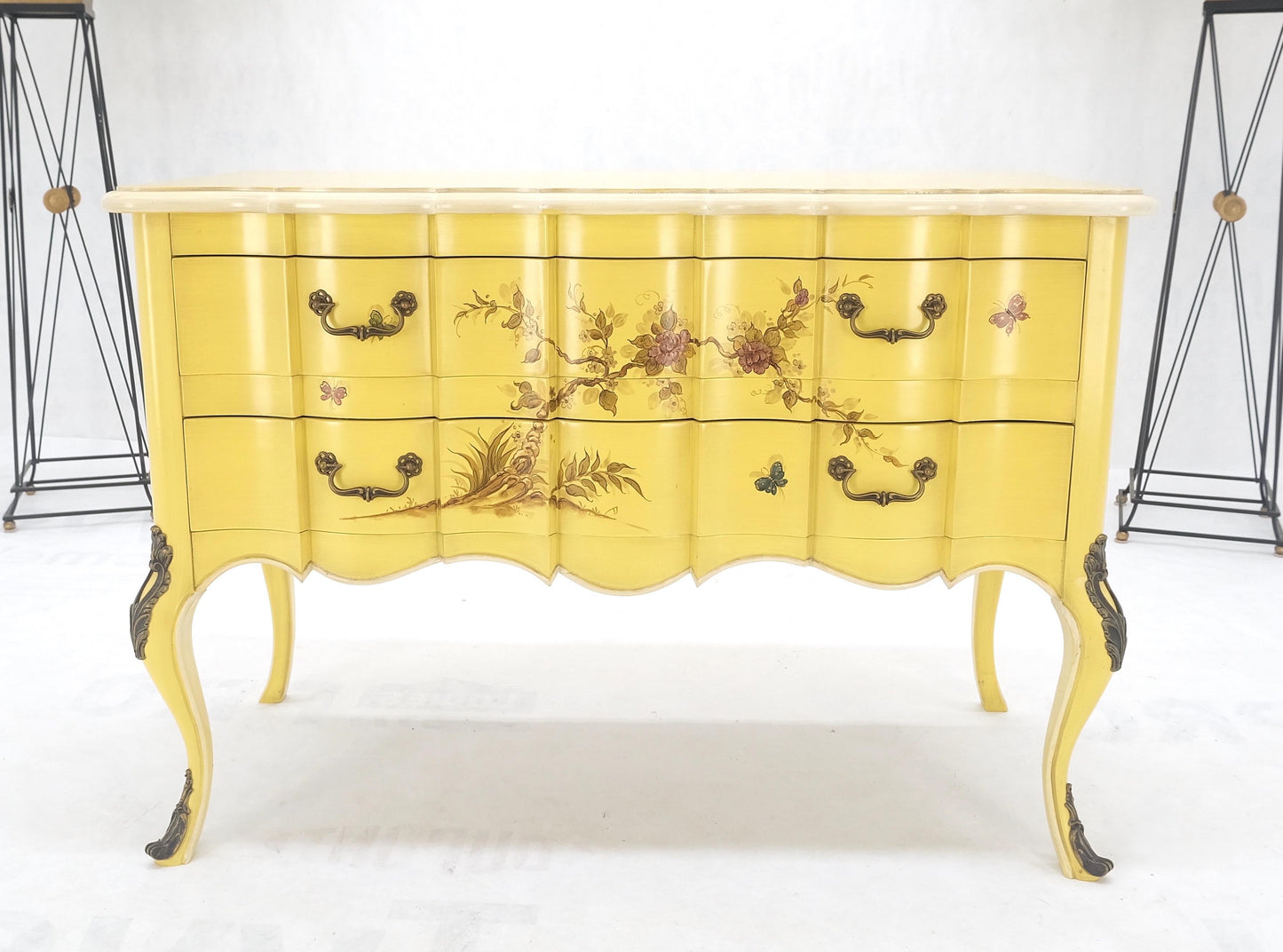Lemon Yellow White Lacquer Bronze Mounts cabriole Style Leg Two Drawers Console