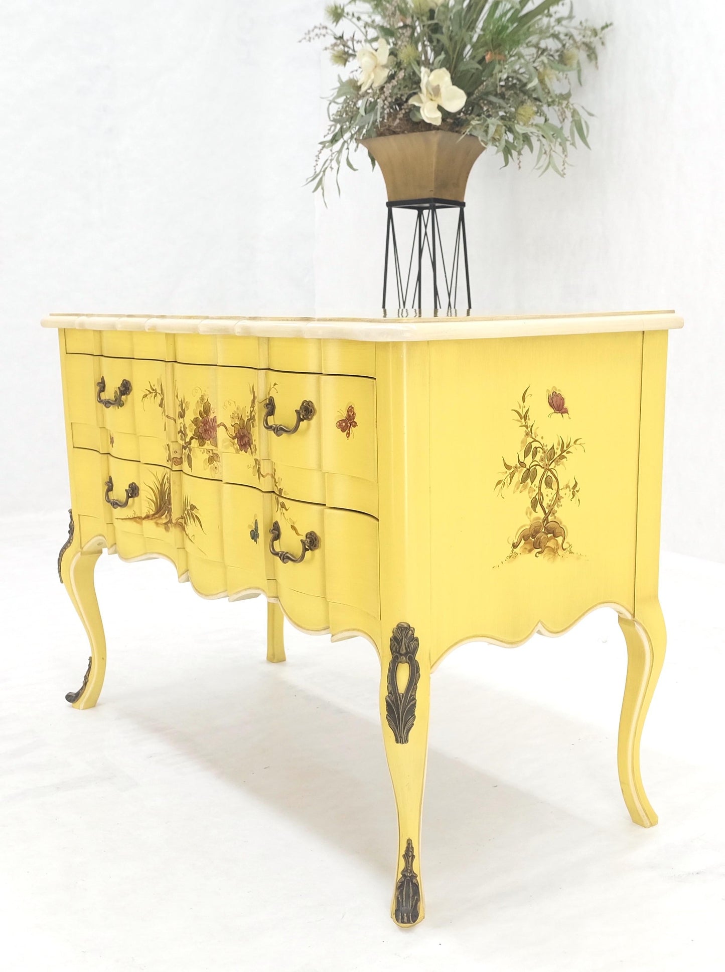 Lemon Yellow White Lacquer Bronze Mounts cabriole Style Leg Two Drawers Console