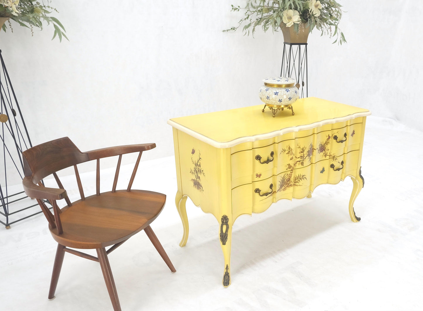 Lemon Yellow White Lacquer Bronze Mounts cabriole Style Leg Two Drawers Console