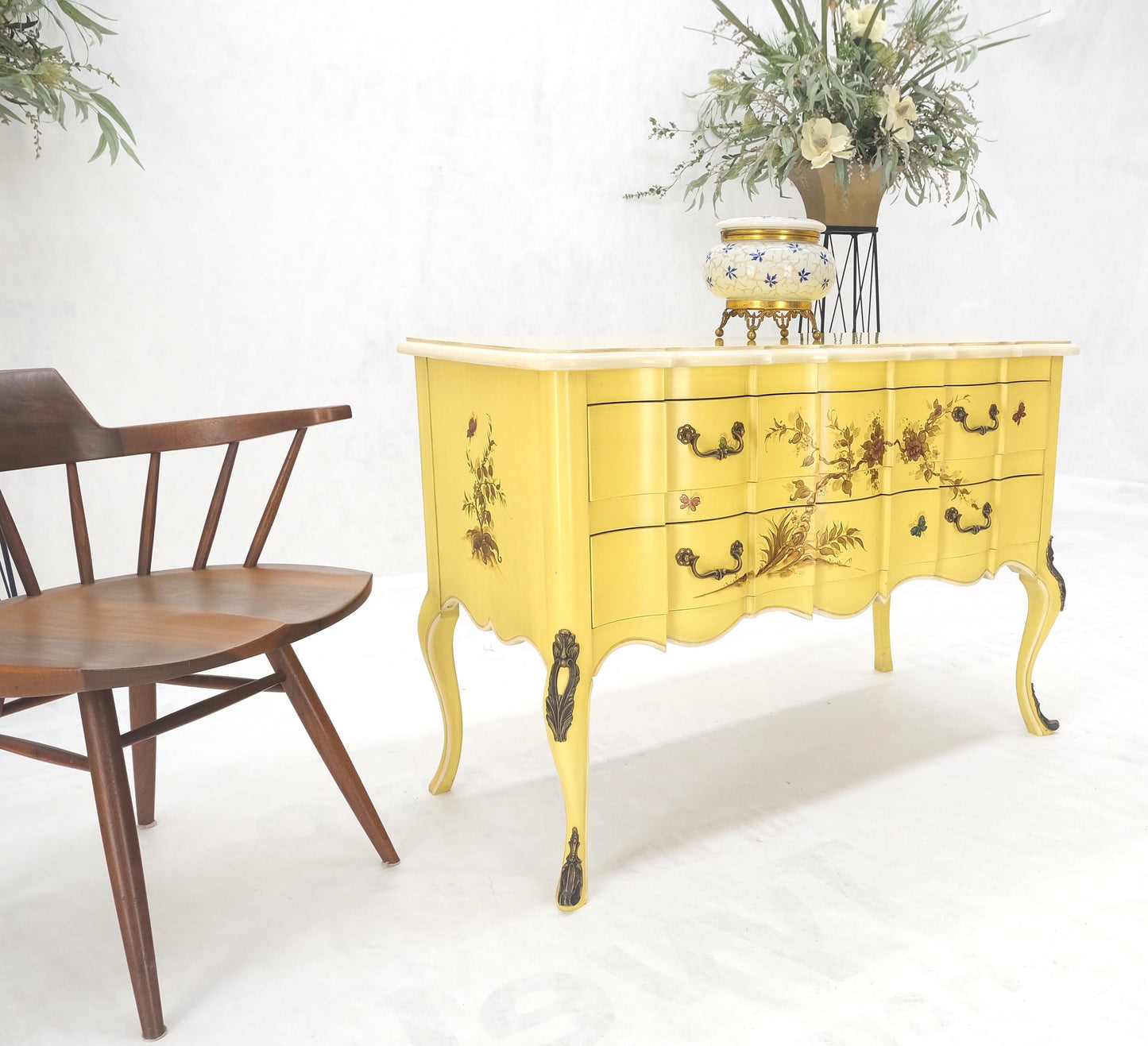 Lemon Yellow White Lacquer Bronze Mounts cabriole Style Leg Two Drawers Console