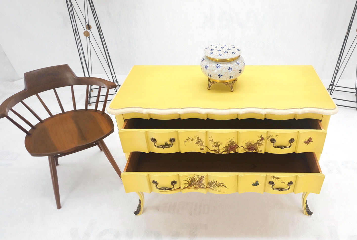 Lemon Yellow White Lacquer Bronze Mounts cabriole Style Leg Two Drawers Console