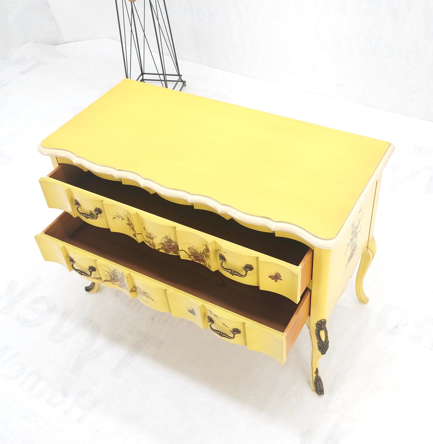 Lemon Yellow White Lacquer Bronze Mounts cabriole Style Leg Two Drawers Console