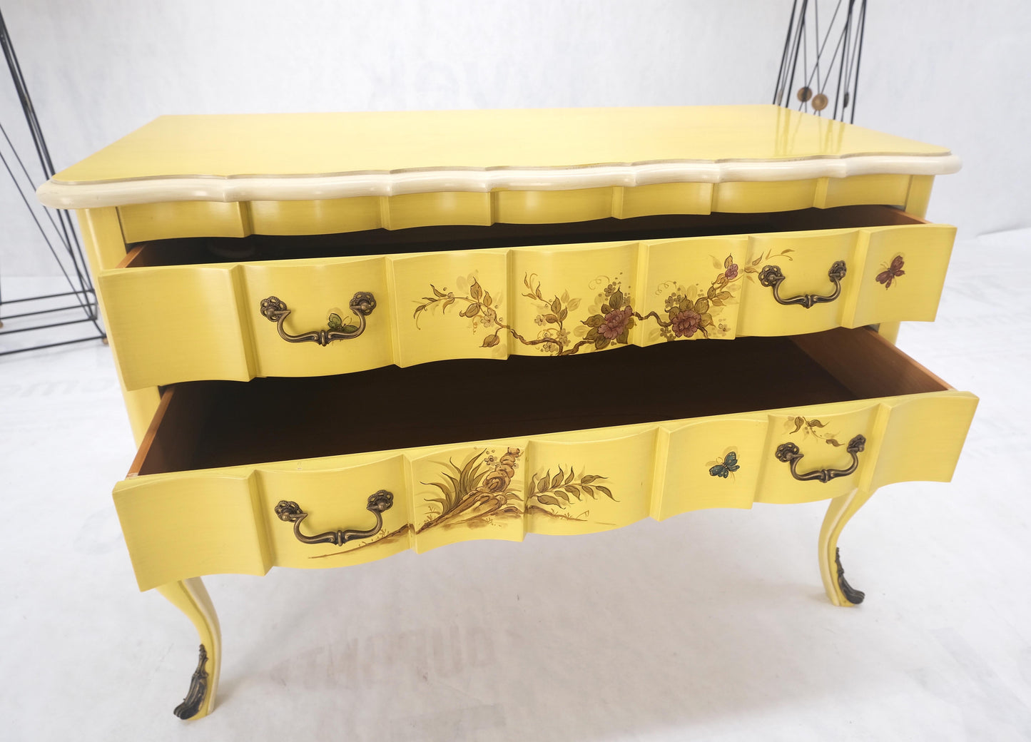 Lemon Yellow White Lacquer Bronze Mounts cabriole Style Leg Two Drawers Console