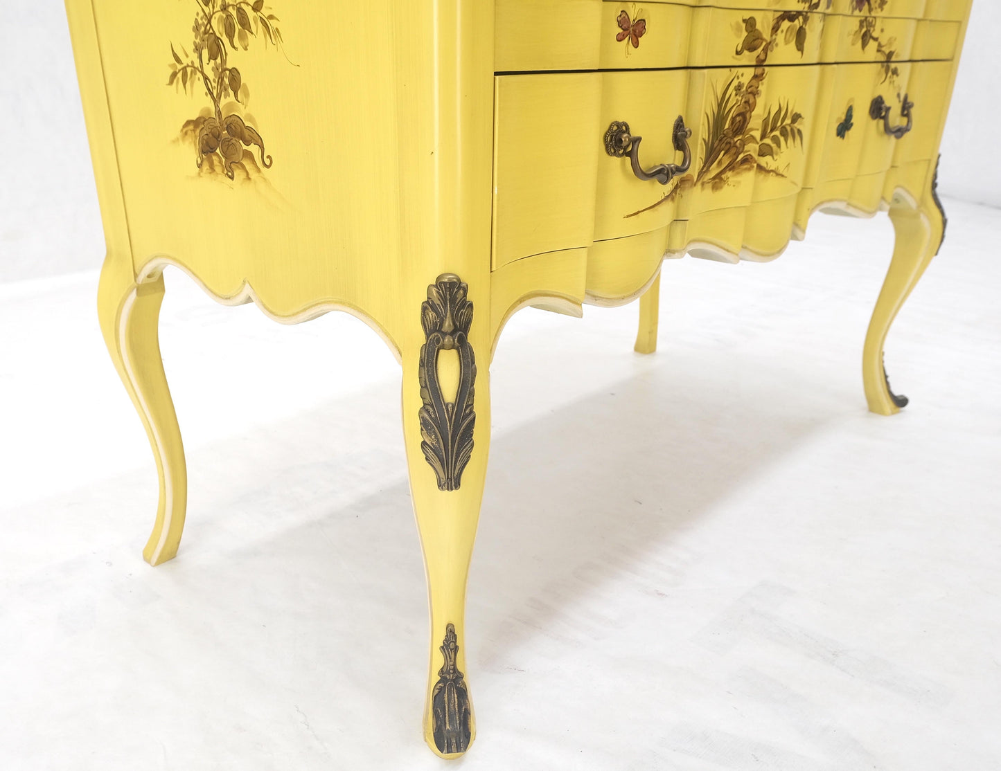 Lemon Yellow White Lacquer Bronze Mounts cabriole Style Leg Two Drawers Console