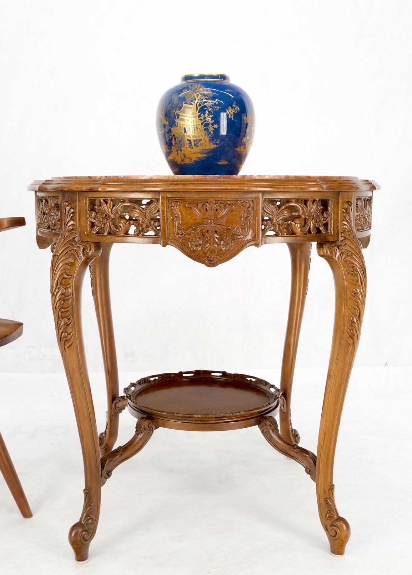 EstablishedLines Carved Walnut Rouge Marble Top Lamp Side Occasional Table Stand Pedestal